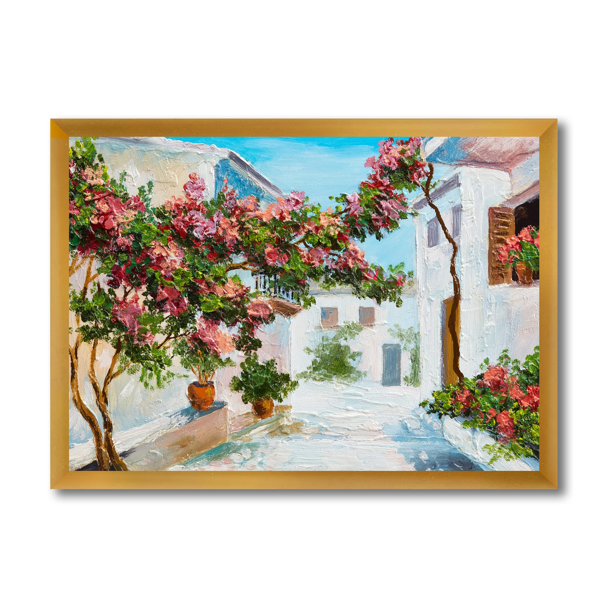 DesignQ White House with Blossoming Flowers Coastal Framed Wall Art - Perfect for Beach House Decor, Living Room & Bedroom Wall Decor