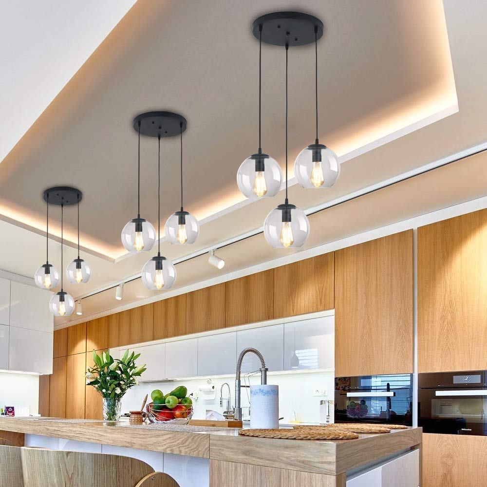3-Light Mid Century Modern Industrial Farmhouse Chandelier with Clear Glass Shades - Hanging Pendant Ceiling Light for Kitchen, Dining Room & Living Room Decor
