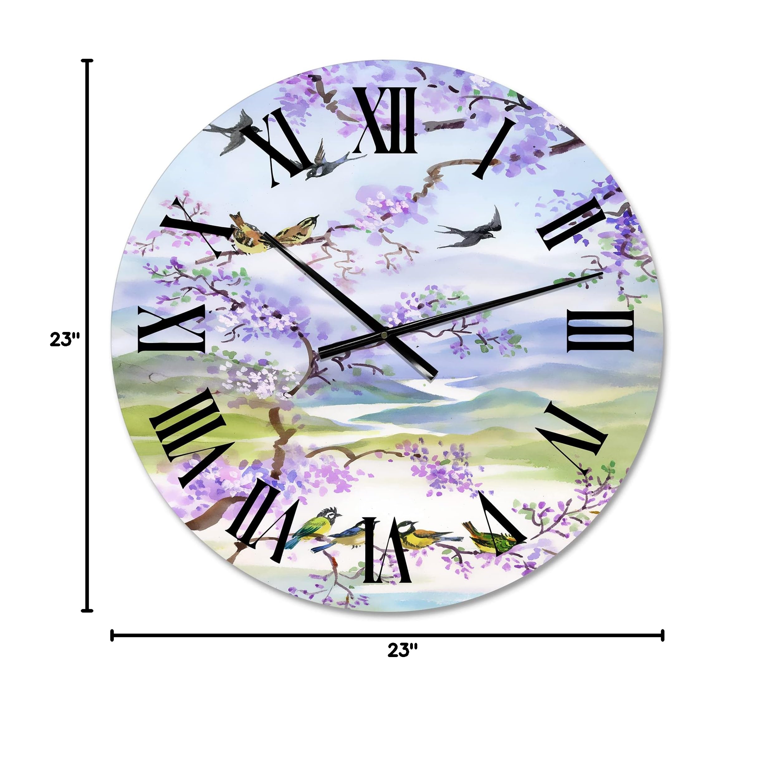 DesignQ Traditional Wall Clock 'Birds On Cherry Branch' - Large Decorative Clock for Kitchen, Living Room, Bedroom & Office - Silent Non-Ticking Home Decor with Nature Theme