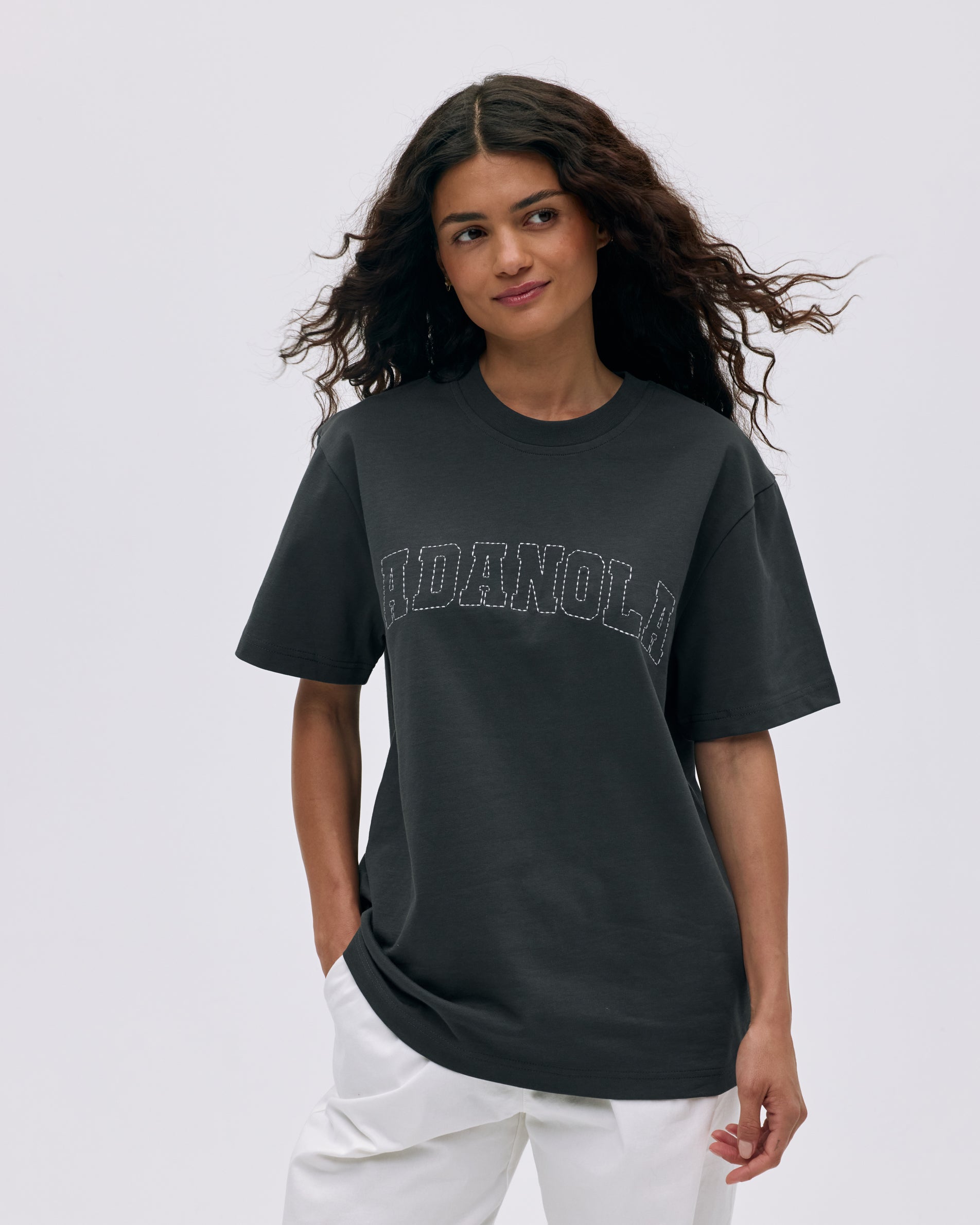 Varsity Stitch Short Sleeve Oversized T-Shirt for Women & Men | Graphite Grey & Marshmallow White | Casual Streetwear, Loungewear & Everyday Outfit