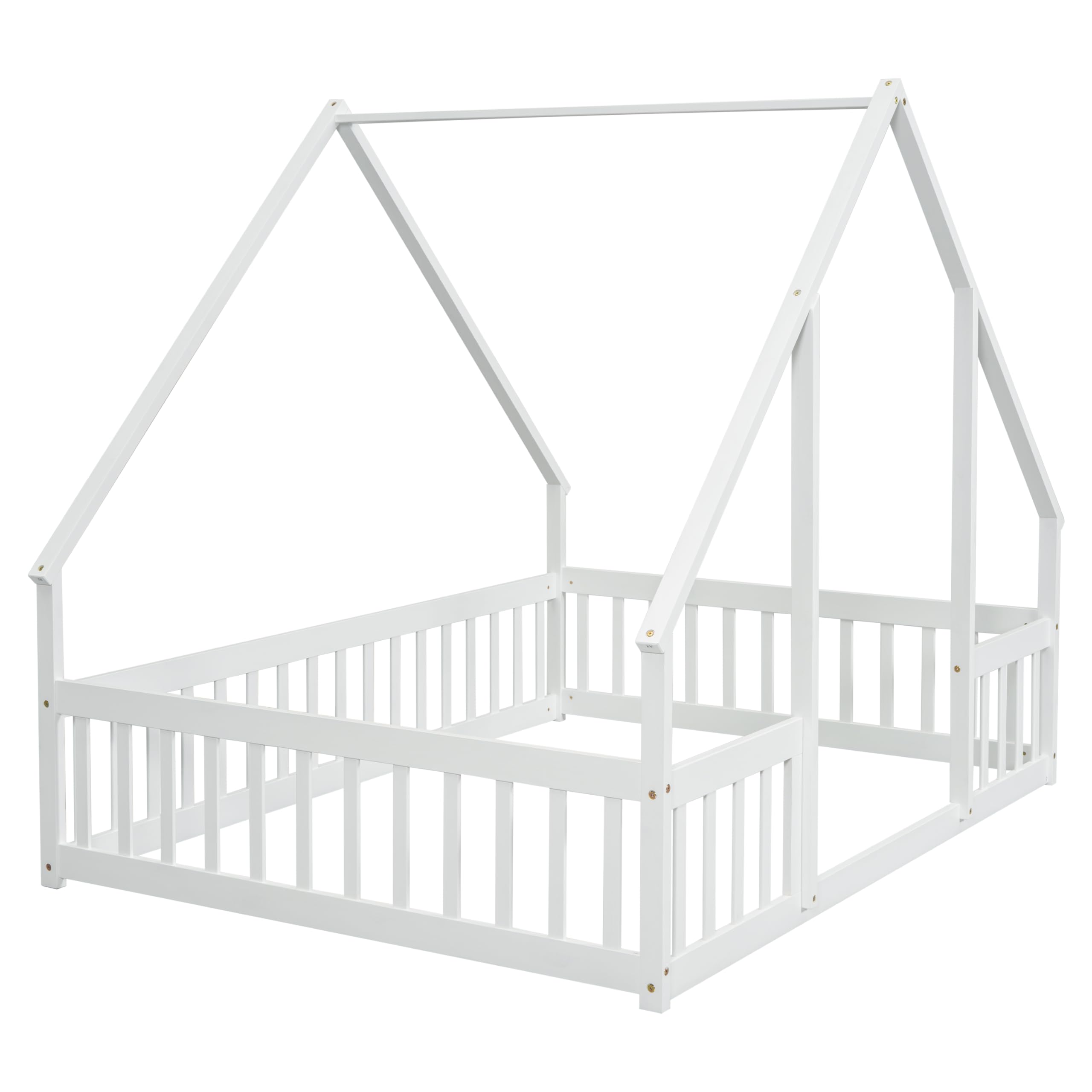 Bellemave Full Size Wooden House Floor Bed for Kids - Montessori Style Playhouse Bed Frame with Safety Fence for Boys & Girls - Perfect for Bedrooms, Playrooms and Montessori Learning Spaces (White)