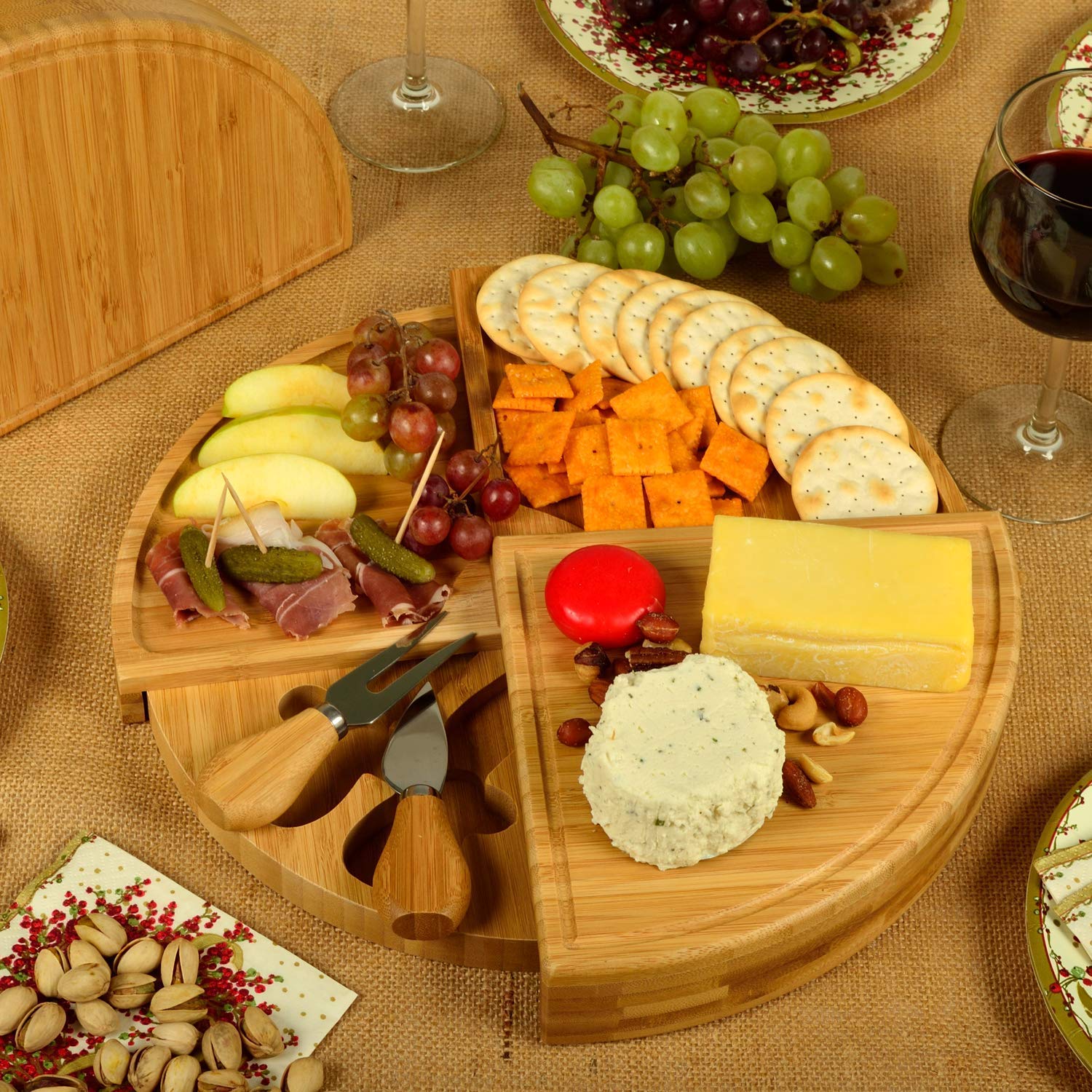 Personalized Monogrammed Bamboo Cheese & Charcuterie Board Set with Engraved Design - Includes Cheese Knives - Handcrafted in USA - Perfect for Picnics, Dinner Parties & Gift Giving
