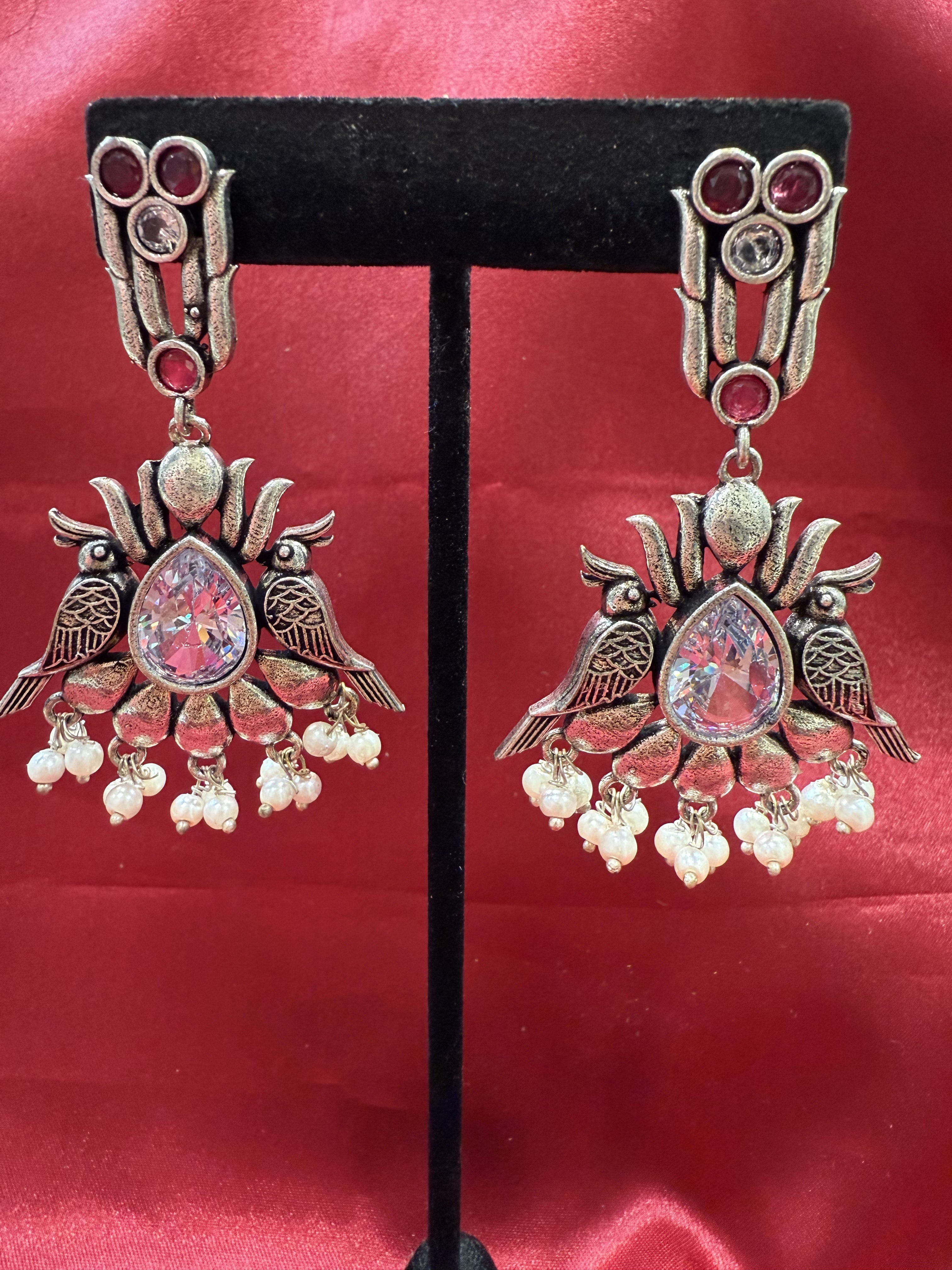 Elegant Silver & Magenta Stone Bird Design Oxidized Beaded Earrings for Women - Perfect for Parties, Weddings & Special Occasions