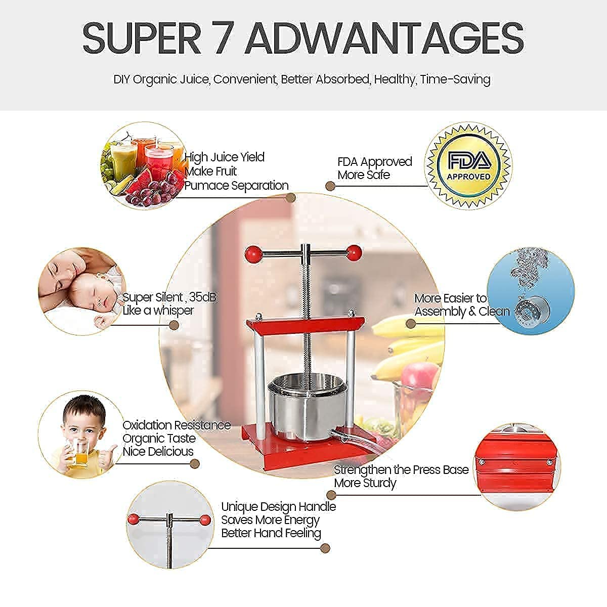 Premium Manual Fruit Press - 0.8 Gallon (3L) & 1.8 Gallon (7L) Options for Cheese, Herbs, Wine Making - Perfect for Home Brewing, Cider Pressing & Juice Extraction