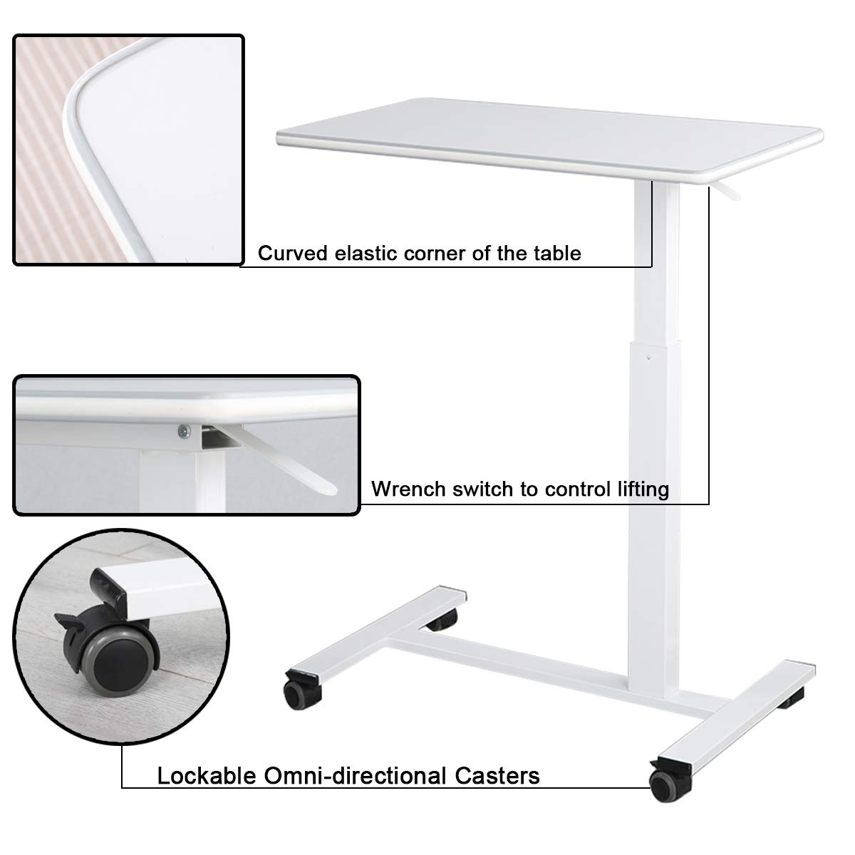 Adjustable Pneumatic Overbed Table - Mobile Laptop Desk with Tray for Hospital, Bedside & Home Office (White, 31
