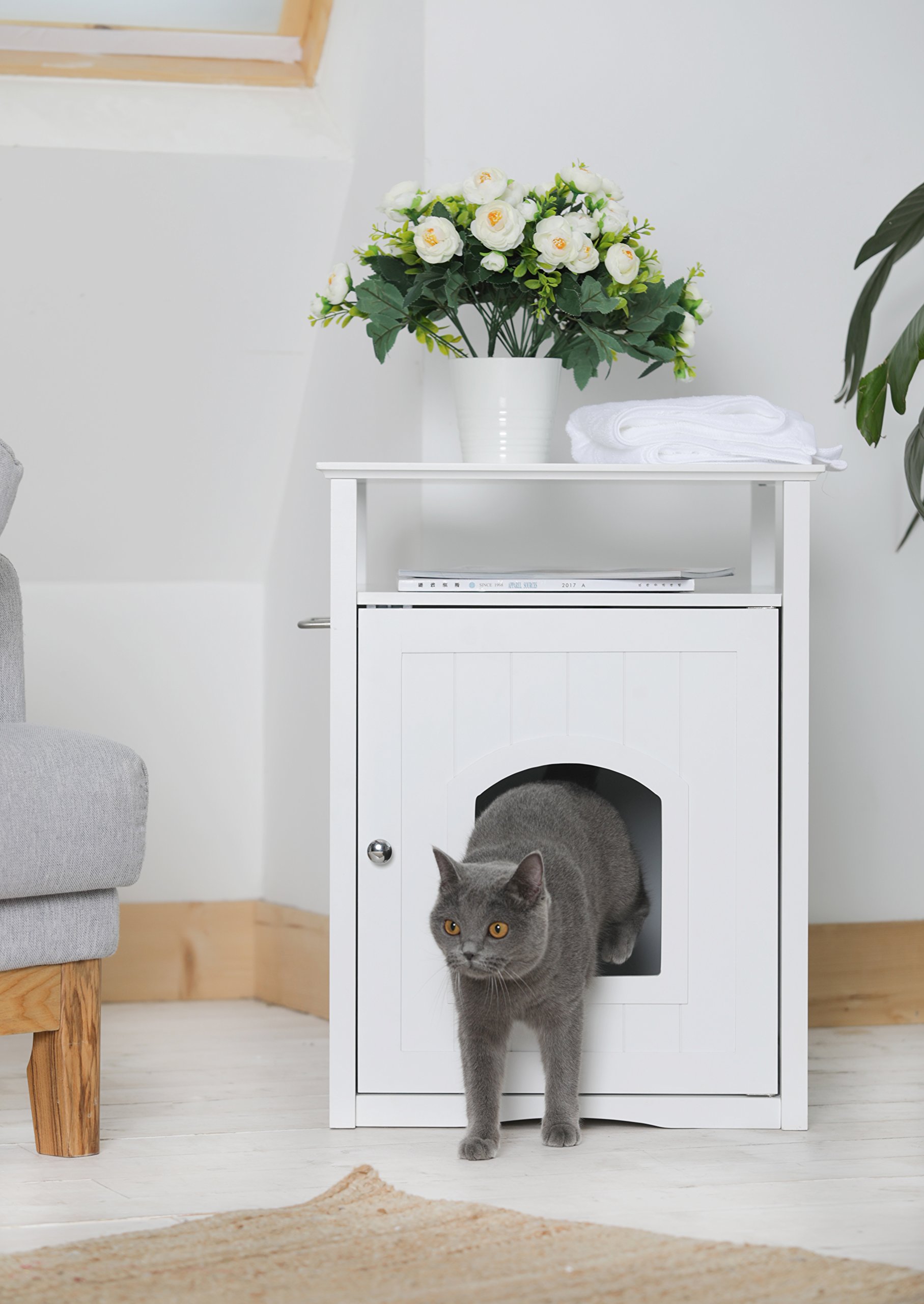 White Merry Pet Cat Washroom & Night Stand Pet House - Cozy Cat Bed with Built-in Litter Box for Small Spaces, Bedroom or Living Room
