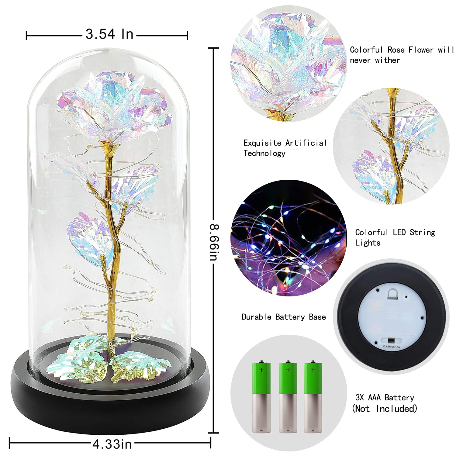 Mother's Day Rose Gift for Mom - Elegant Rainbow Light Up Rose in Glass Dome - Birthday, Anniversary, Wedding Gift for Women - Perfect Gift from Daughter or Son - Romantic Home Decor & Special Occasion Present