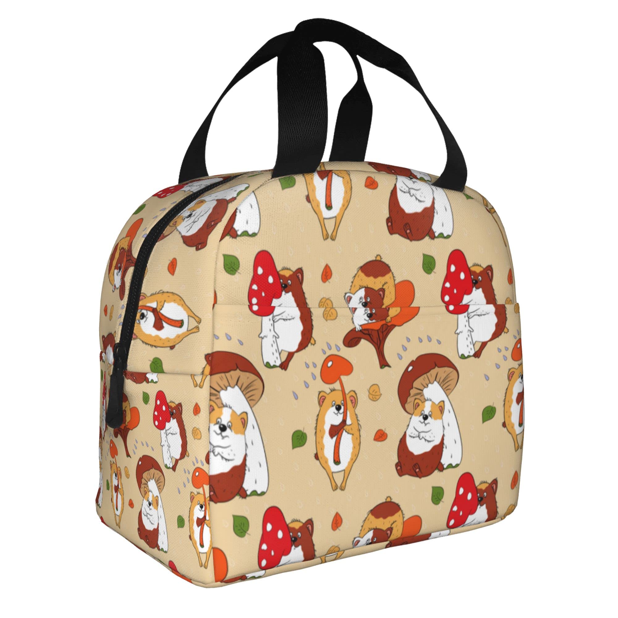 Cute Insulated Lunch Bag for Women & Girls - Reusable Thermal Cooler Tote with Front Pocket | Guinea Pig & Mushroom Design | Perfect for Office, School, Picnic, Travel & Outdoor Activities