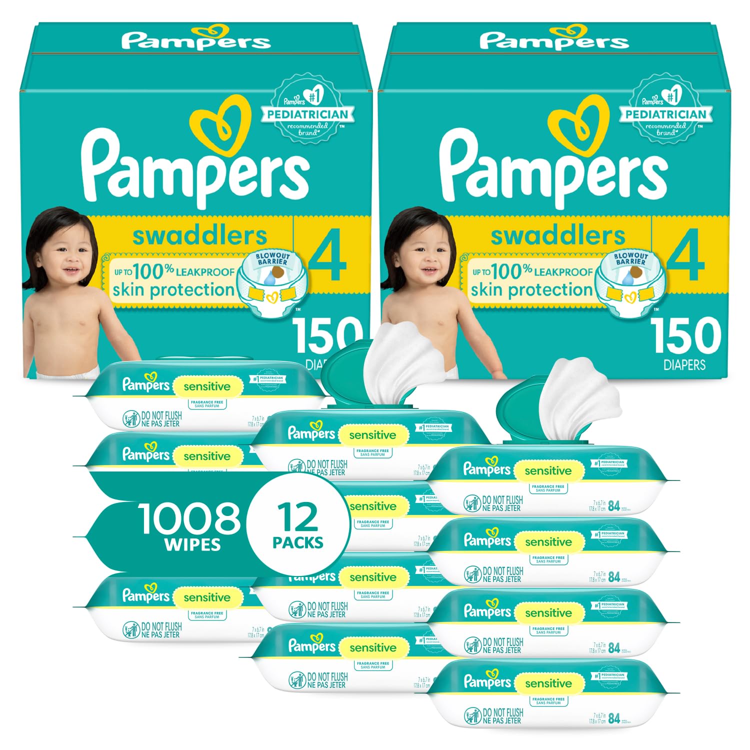 Pampers Swaddlers Size 4 Disposable Baby Diapers - 2 Month Supply (300 Count) with Sensitive Water-Based Wipes (1008 Count) | Ultra Absorbent, Hypoallergenic for Overnight & Daytime Use | Newborn Essentials, Daycare & Travel Must-Have