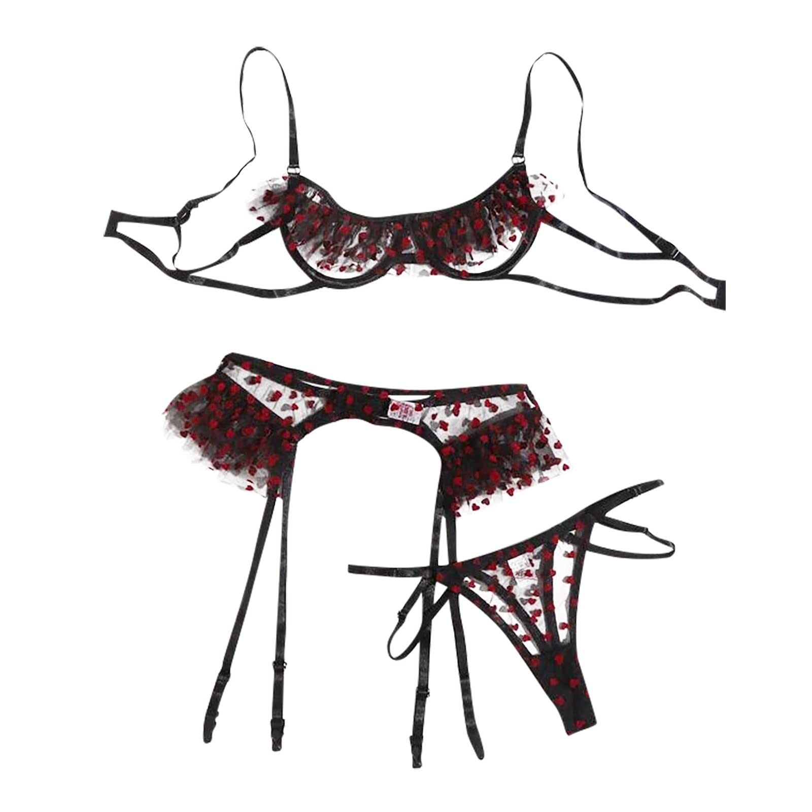 Sexy Lace Polka Dot Cotton Lingerie Set for Women - 3 Piece Ruffled Bra & Panty Set | Comfortable Underwear for Date Night, Bridal Shower & Special Occasions
