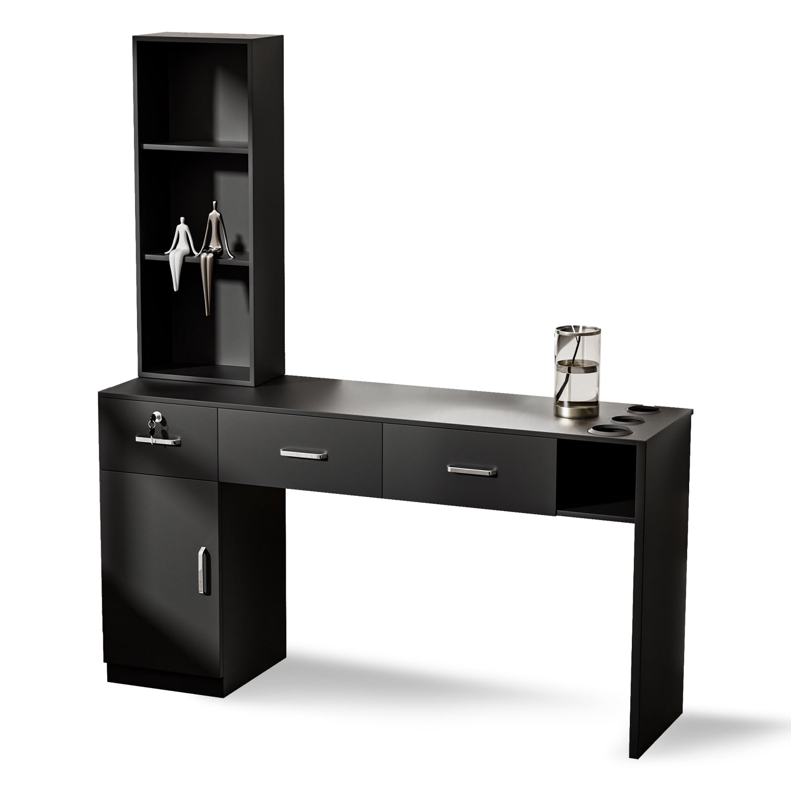 Wall Mounted Barber Station for Salon & Spa - 3 Open Shelves, Lockable Storage Cabinet, Hair Styling Furniture Without Mirror (Black) - Perfect for Professional Salons, Home Barber Shops & Beauty Studios