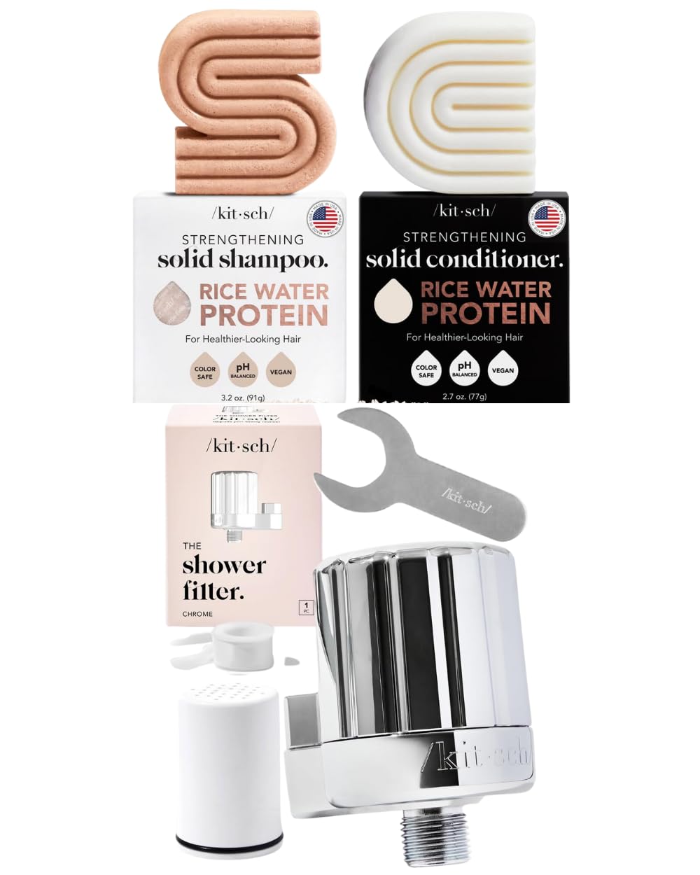 Kitsch Rice Bar Shampoo & Conditioner Set with Chrome Shower Filter Bundle - Natural Hair Care for Dry/Damaged Hair | Perfect for Eco-Friendly Bathrooms & Travel