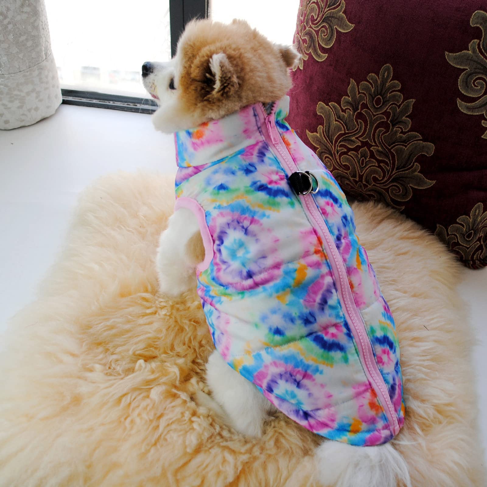 Windproof Dog Vest Jacket with Zipper & Leash Ring - Warm Winter Pet Clothes for Small Dogs & Puppies (L-Colorful) - Perfect for Outdoor Walks & Cold Weather Protection