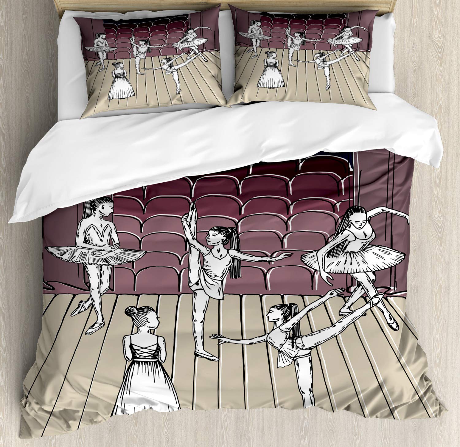 Ambesonne Classical Dance Themed Duvet Cover Set - Sketchy Ballerinas on Stage Design, 3 Piece King Size Bedding Set with 2 Pillow Shams in Dark Warm Taupe & Multicolor | Perfect for Ballet Lovers' Bedroom Decor & Gift Ideas