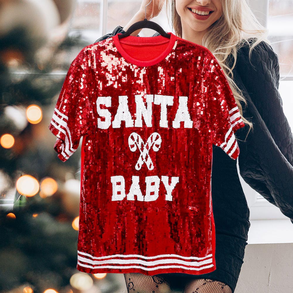 Santa Baby Message Christmas Red Sequin Jersey Top - Festive Holiday Party Outfit for Women, Family Gatherings & Christmas Photos