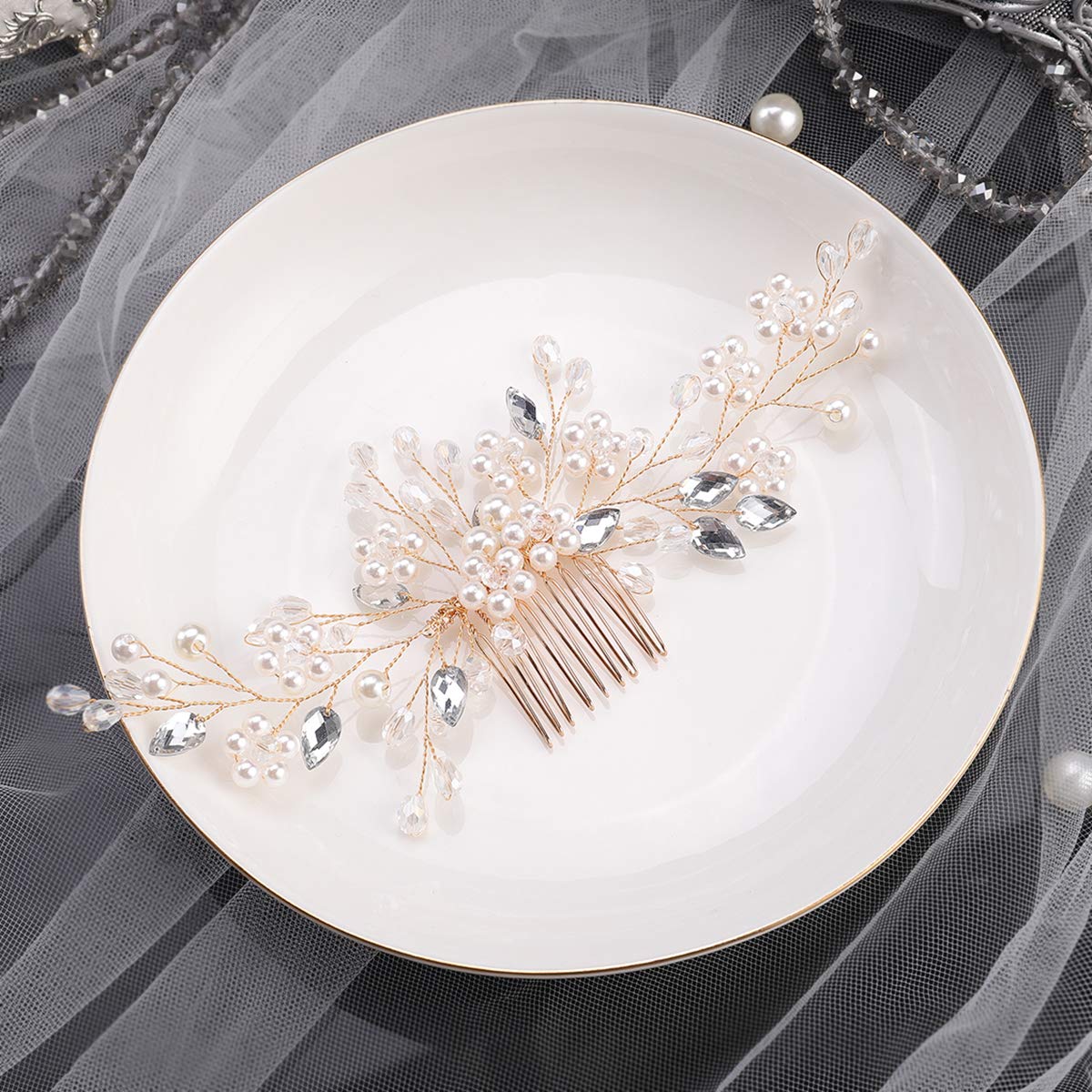 Crystal and Pearl Bridal Hair Comb - Gold Wedding Hair Vine Branch for Women & Girls | Perfect for Bridal, Prom, and Formal Events