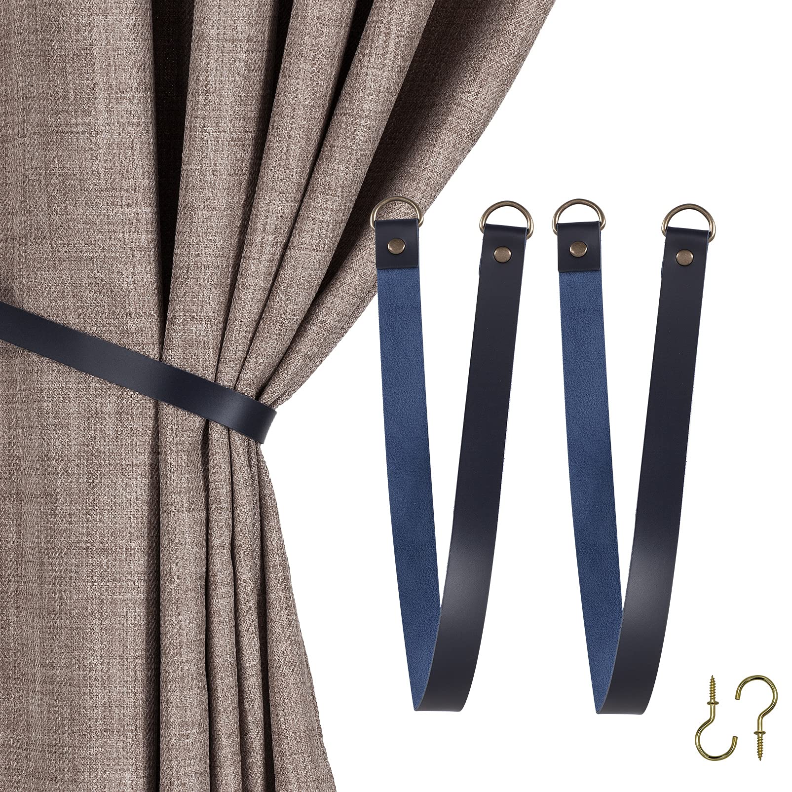 Leather Curtain Tie Backs - Set of 2 Navy Blue for Home & Outdoor Drapes