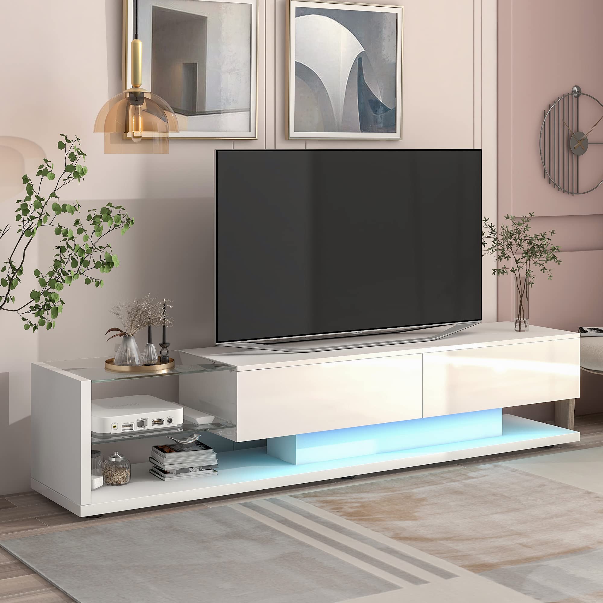 Modern Wood TV Stand for 75 Inch TVs - LED TV Cabinet with 16-Color Lighting, High-Gloss Entertainment Center with DVD Shelf - Perfect for Living Room & Bedroom - White TV Stand for Home Theater & Gaming Setup