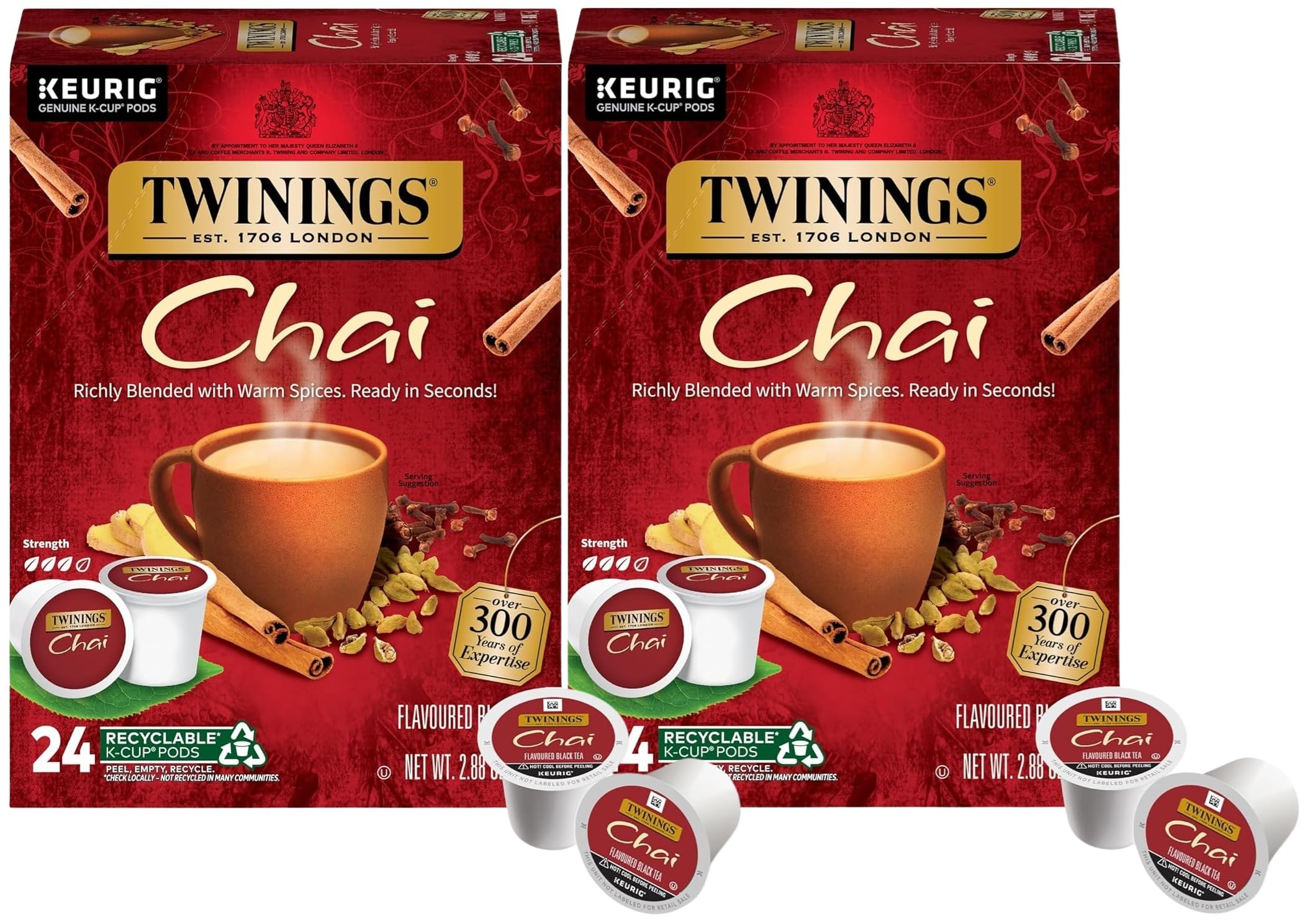 Twinings Chai Flavored Black Tea K-Cup Pods for Keurig - Naturally Sweet & Spicy, Caffeinated, 48 Count (2 Packs) - Perfect for Morning Boost, Afternoon Relaxation & Office Breaks