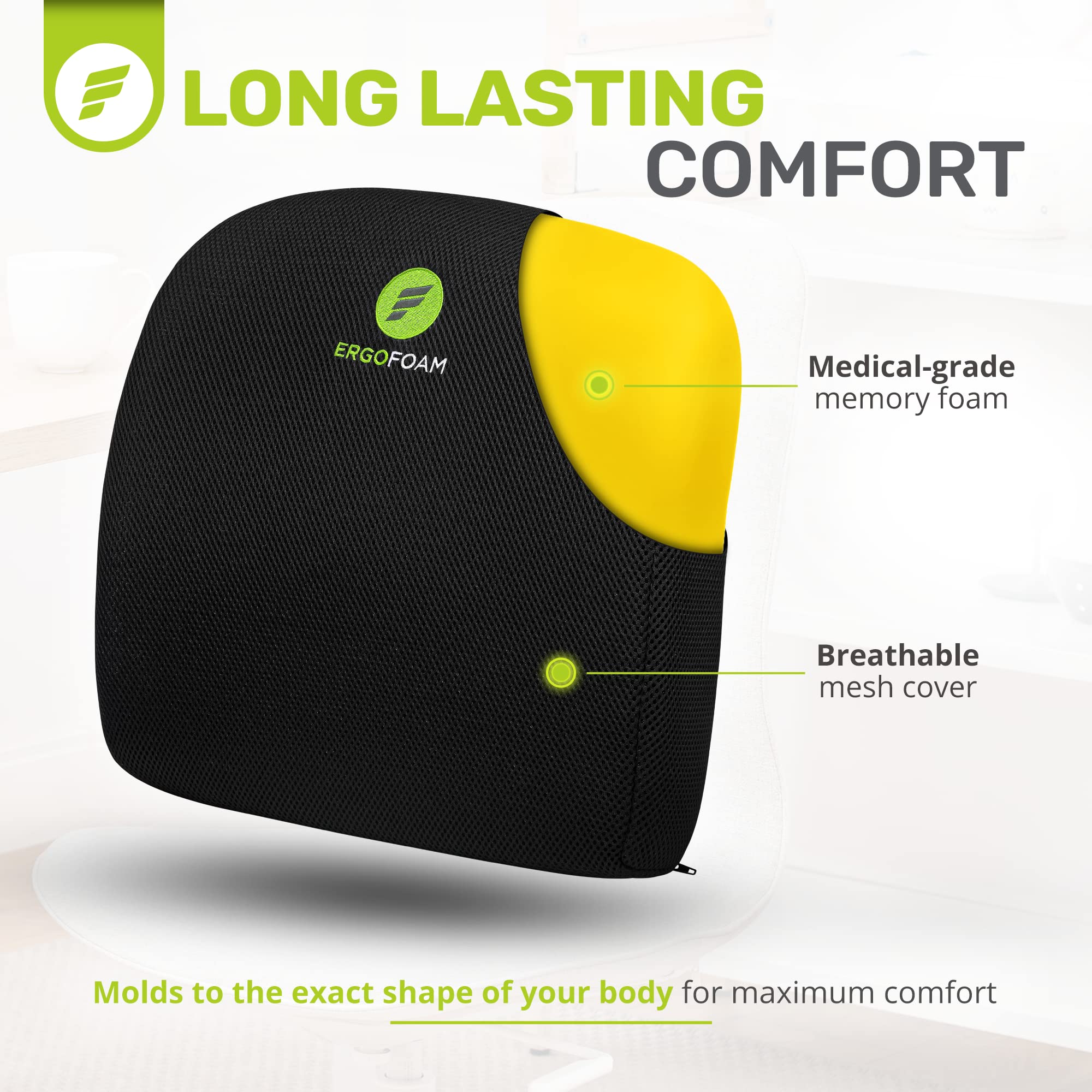 ErgoFoam Lumbar Support Pillow for Office Chairs - Premium Breathable Mesh Back Cushion for Back Pain Relief - Most Comfortable Orthopedic Seat Cushion for Home & Office Use - Perfect for Long Work Hours, Gaming, and Driving