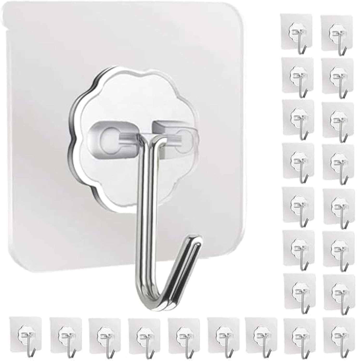 13.2LB Heavy Duty Self Adhesive Hooks - Transparent Waterproof & Oilproof Wall Hooks for Kitchen, Bathroom, Shower - Strong Adhesive Utility Hooks for Home, Office & Outdoor Use (20 Pack)