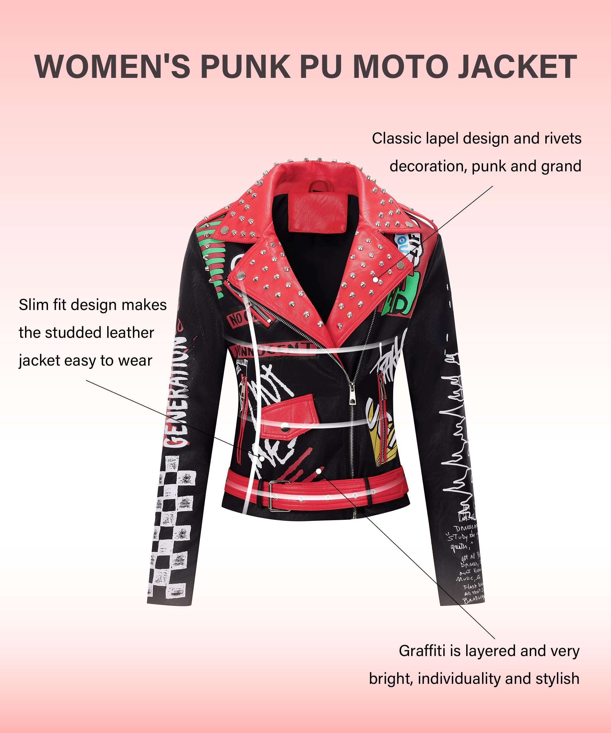 RISISSIDA Women's Faux Leather Jacket with Studs & Rivets - Trendy Moto Biker Jacket for Spring, Fall & Winter - Streetwear Fashion with Belt - Perfect for Casual Outings, Nightlife & Motorcycle Riding