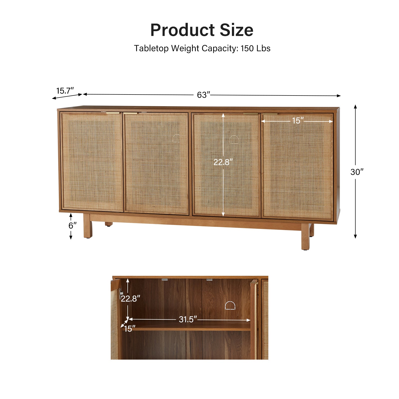 Otmar 63-Inch Wide Natural Rattan Mesh Sideboard with Storage - Multi-Purpose Buffet Cabinet for Dining Room, Living Room, or Entryway - Perfect for Home Decor and Organizing Dishes, Linens & More