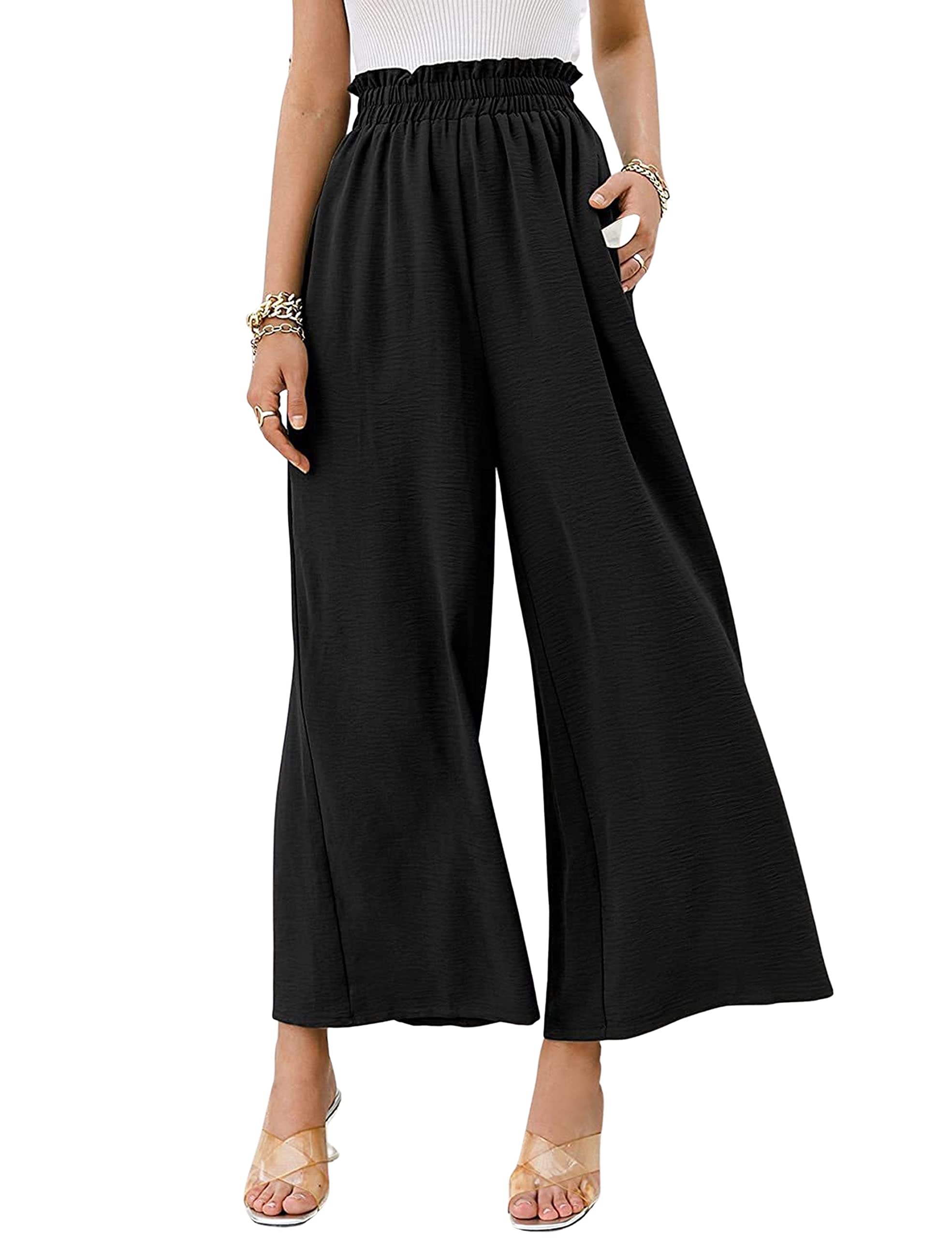 Mingzhu Women's Cotton Linen Wide Leg Pants - Elastic High Waist Palazzo Lounge Pants for Work, Office & Casual Wear - Comfortable Summer Trousers for Women