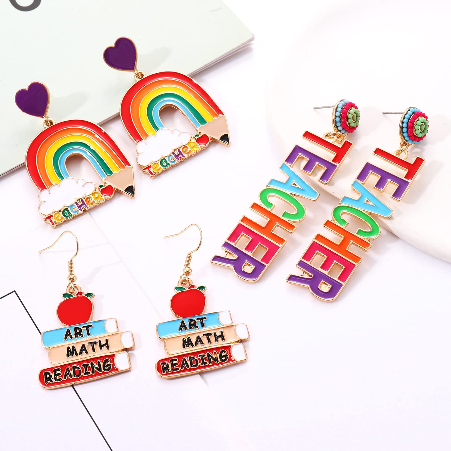 Colorful Rainbow Pencil Drop Earrings - 3 Pairs Teacher Beaded Jewelry Set for Women | Perfect for Teacher Appreciation Gifts, Back to School, and Classroom Accessories
