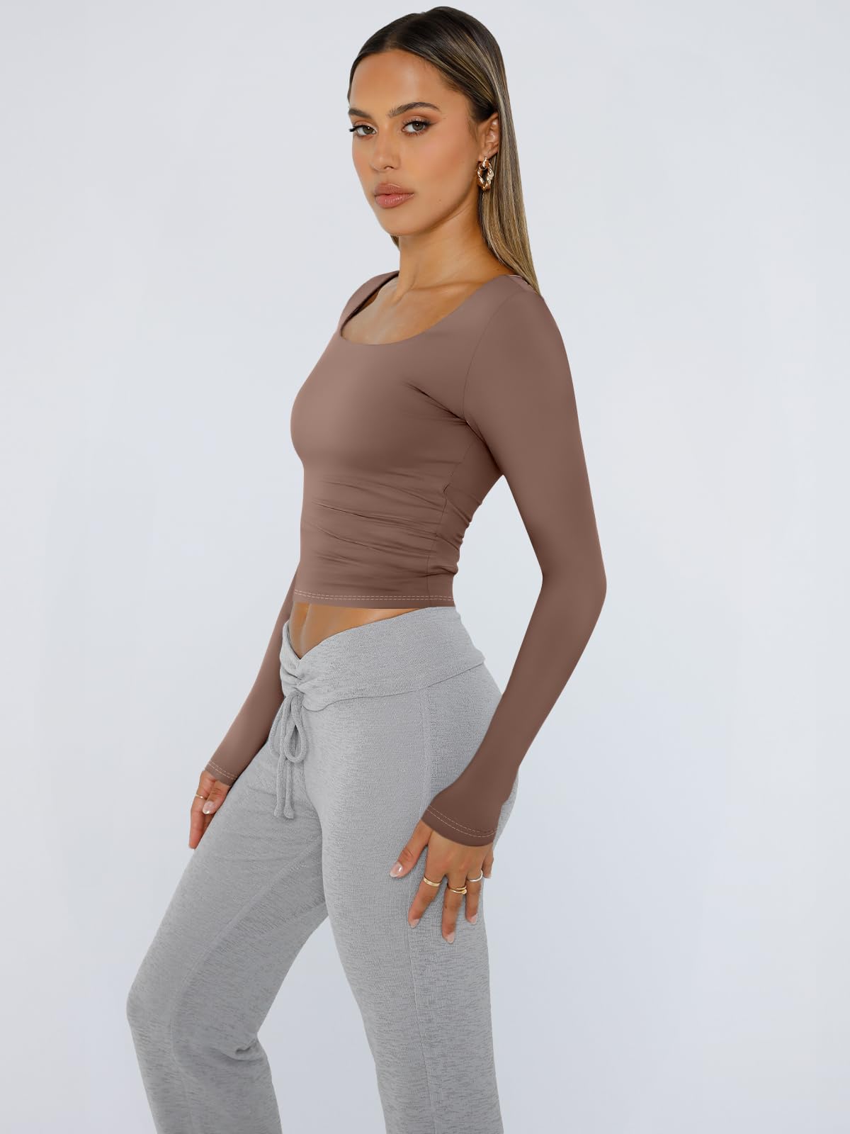 Trendy Queen Women's Long Sleeve Crop Top Square Neck Basic Tee - Y2K Winter Fashion 2025 - Perfect for Casual Outings, Parties & Streetwear Style