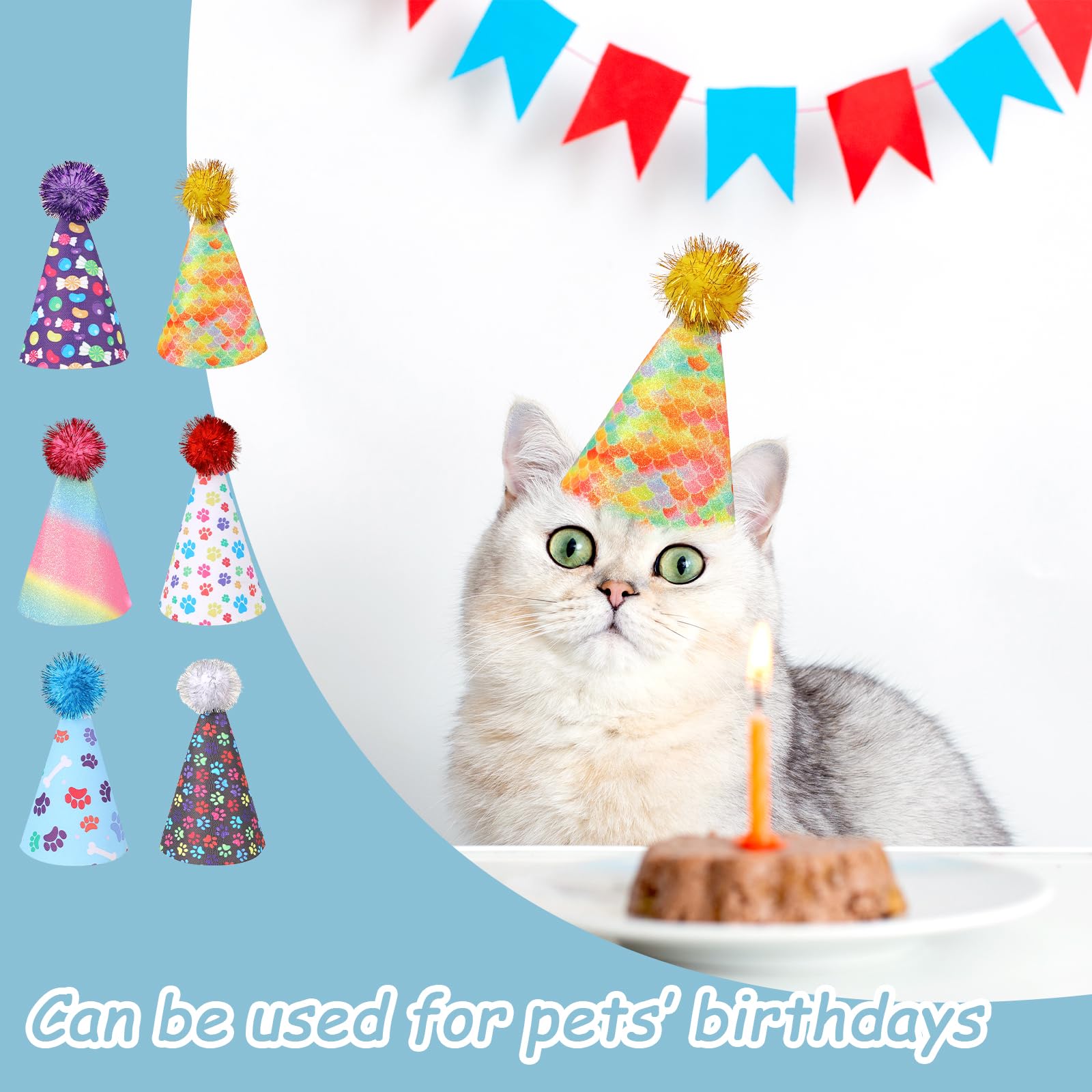 KALIONE 6 Pack Rainbow Cat & Dog Birthday Hats with Pompons - Adjustable Leather Headbands for Puppy Kitten Pet Party | Perfect for Birthday Celebrations, Photo Shoots & Pet Costume Parties