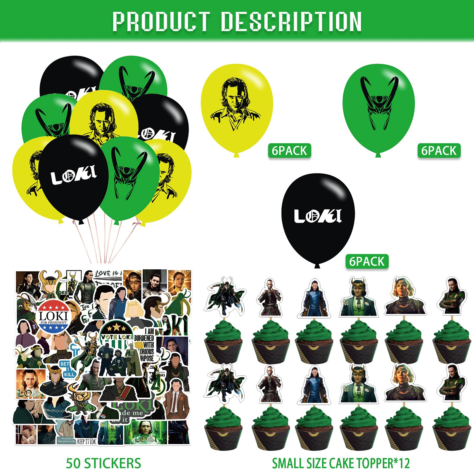 Loki Party Decorations Set - Birthday Banner, Cake Topper, Cupcake Wrappers, Balloons & Stickers for Marvel Themed Parties, Baby Showers & Superhero Celebrations
