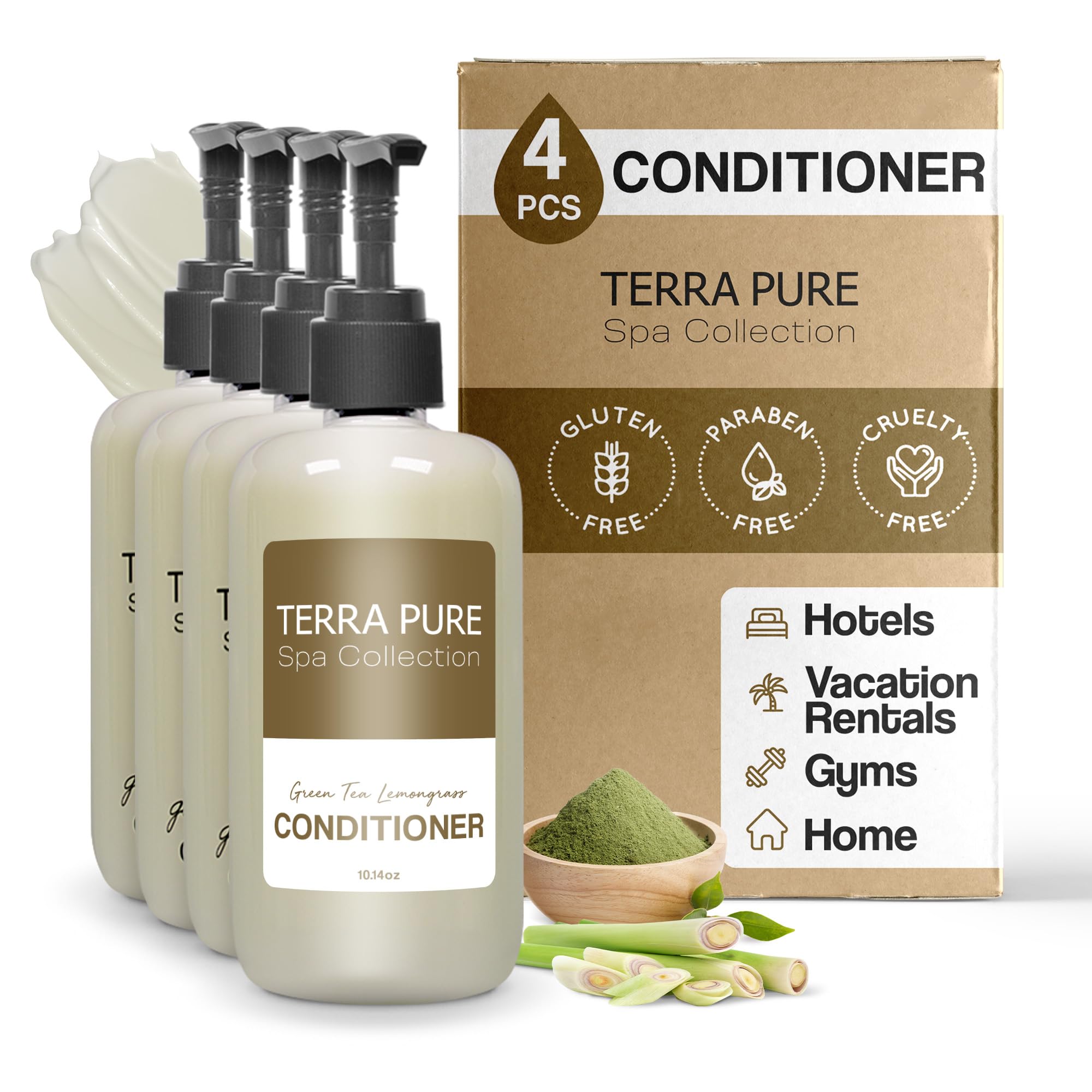 Terra Pure Conditioner - Spa Collection for Hair Care | Luxury Hotel Amenities in Pump Bottle (10.14 oz / 300ml, Pack of 4) | Perfect for Travel, Gym, and Upscale Salons