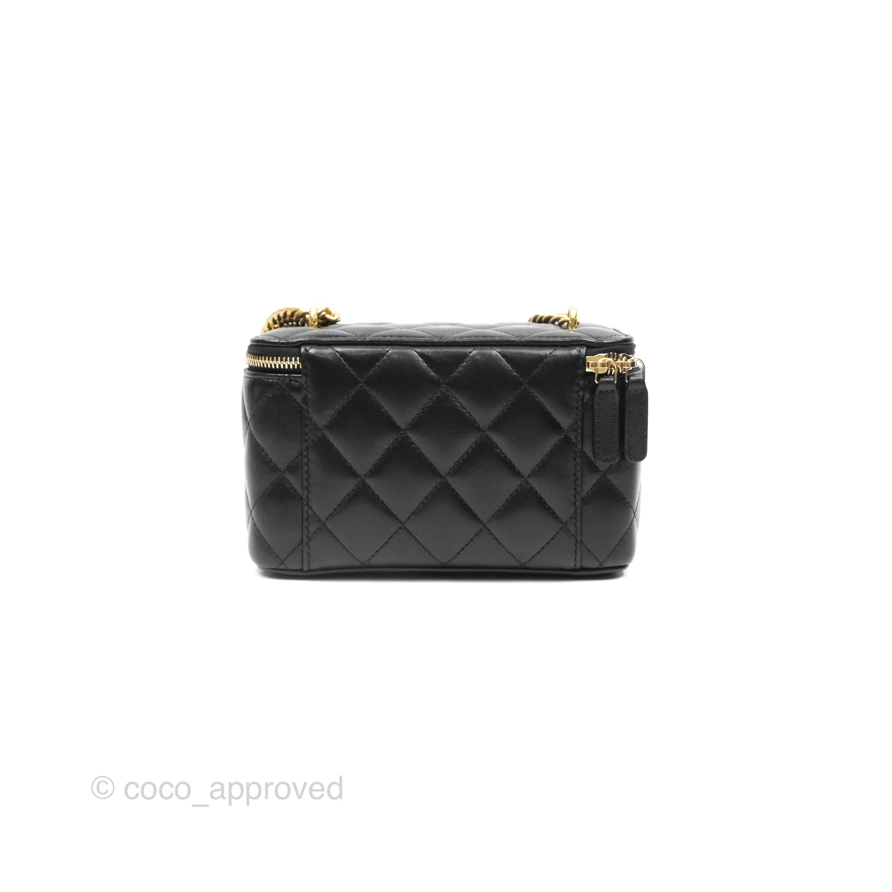 Chanel Black Lambskin Adjustable Chain Slide Vanity with Aged Gold Hardware - Perfect for Travel, Home Organization & Luxury Makeup Storage