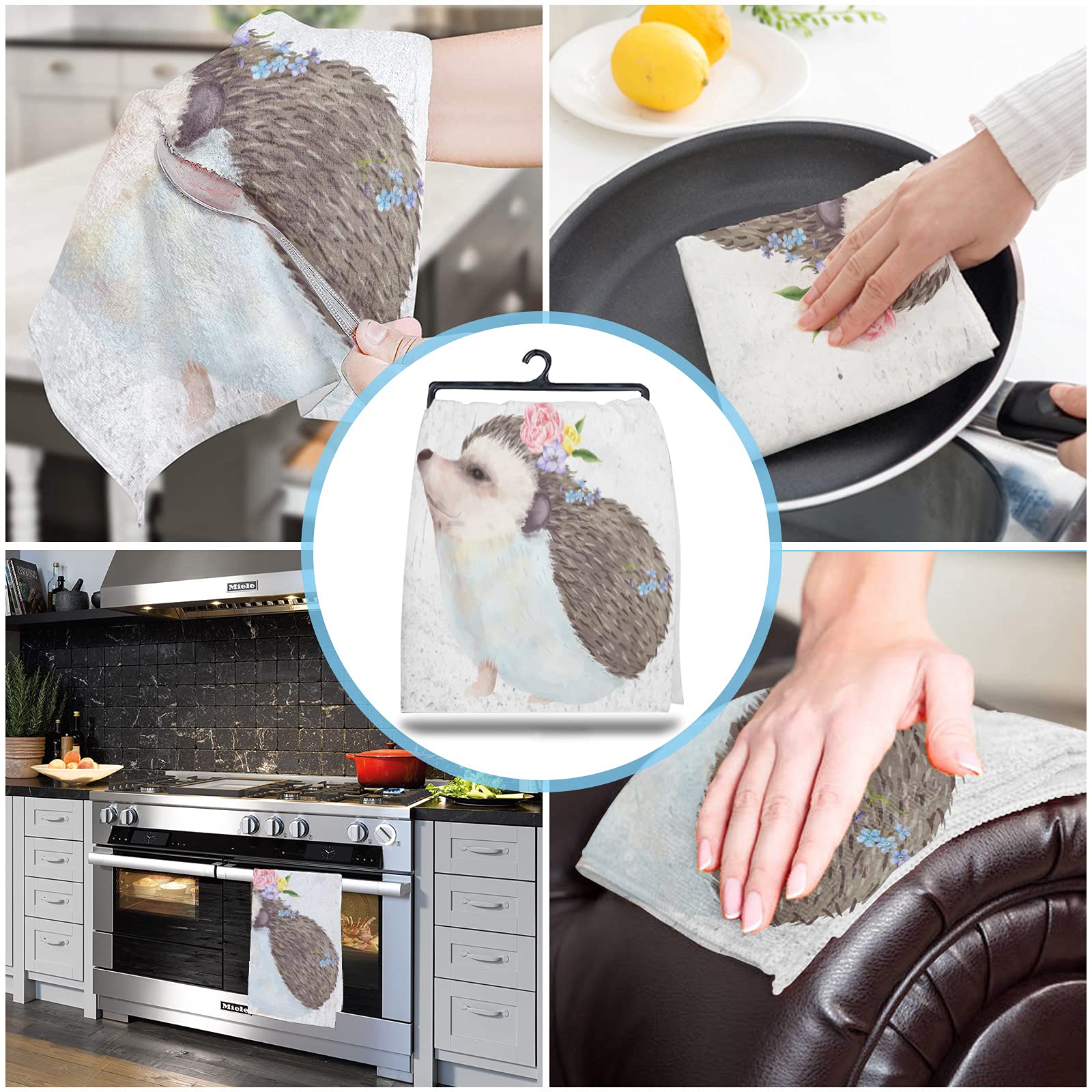 Cute Hedgehog Floral Tea Towel - Absorbent Microfiber Dish Cloth for Kitchen & Bath