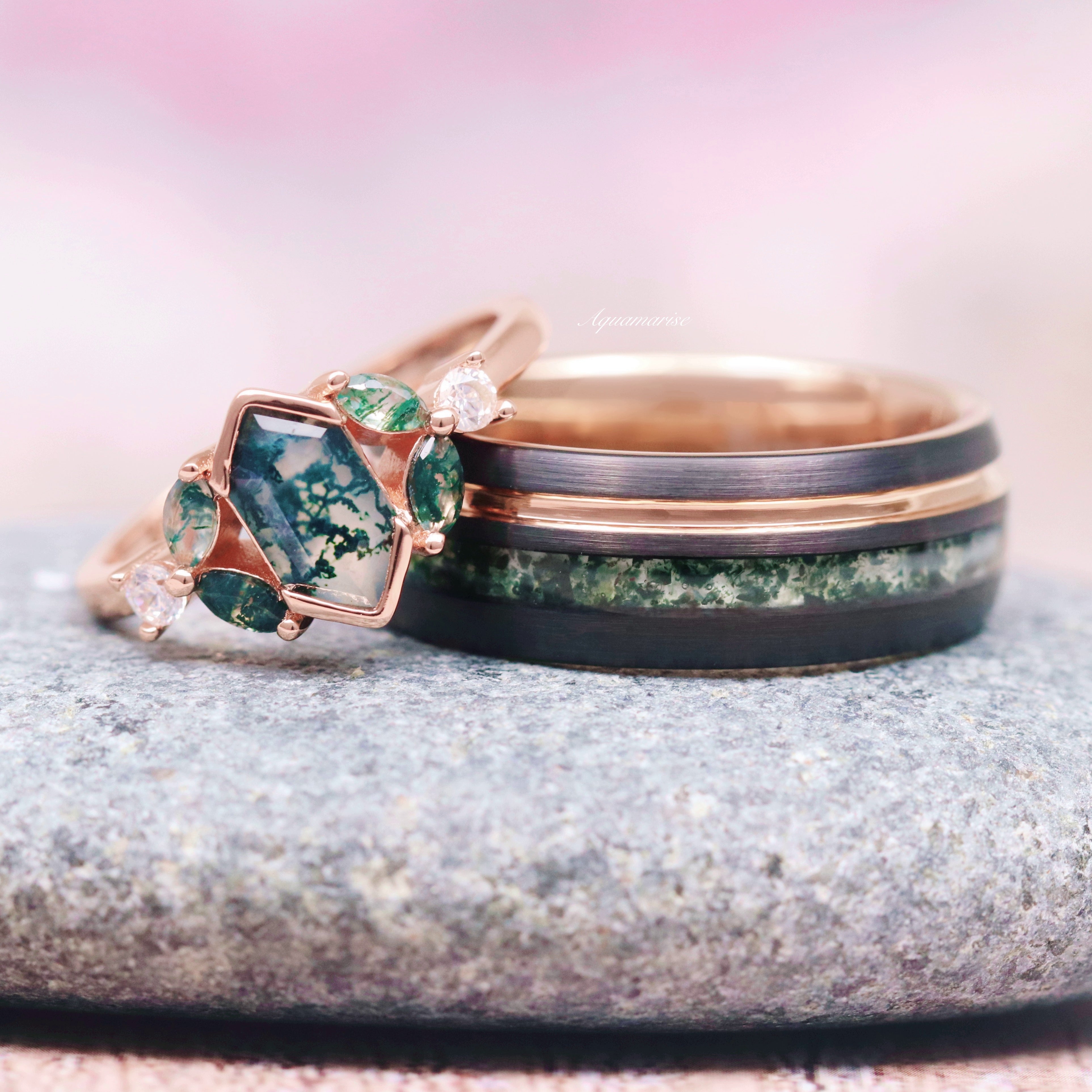 8MM Black & Rose Gold Tungsten Moss Agate Wedding Band for Men & Women - Elegant & Durable Ring for Engagement, Anniversary & Special Occasions