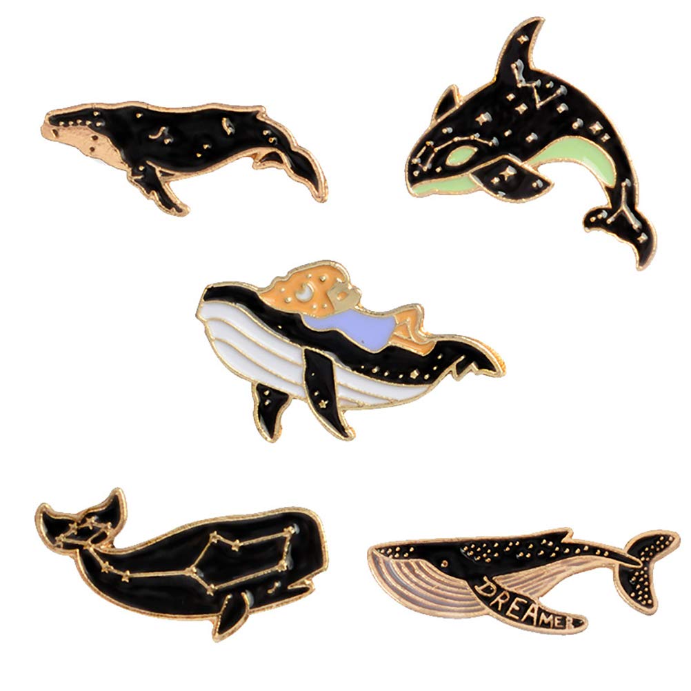 5-Piece Cute Cartoon Enamel Pin Set - Punk Brooches & Lapel Pins for Women, Girls & Kids - Whale Design - Costume, Clothing & Bag Accessories - Perfect for School, Gifts & Fashion Outfits