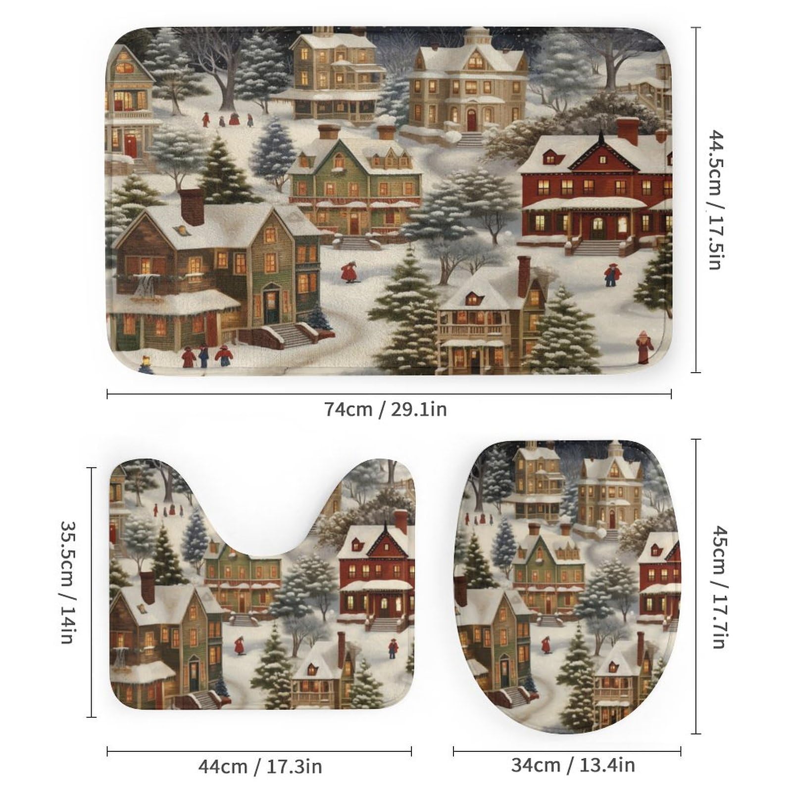 Victorian Christmas Village 4-Piece Bathroom Rug Set with Non-Slip Toilet Mat & Waterproof Shower Curtain - Holiday Winter Scenes Bath Decor for Festive Home Decoration (Perfect for Christmas Bathroom Makeover & Gift Giving)
