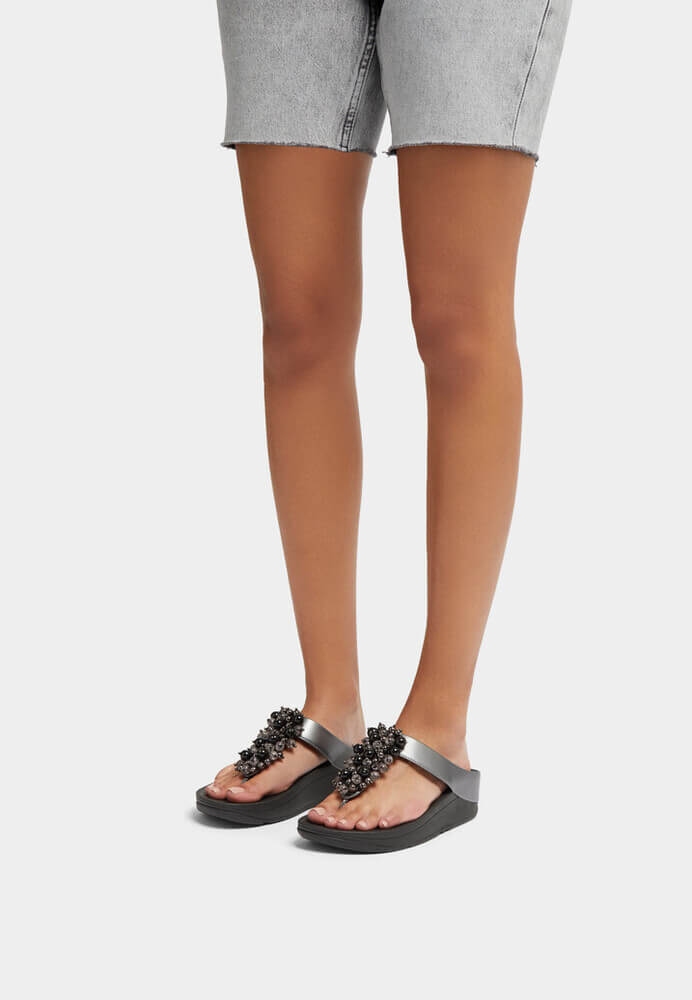 FitFlop Fino Bauble Bead Leather Sandals for Women - Comfortable & Stylish Pewter Black Flip Flops - Perfect for Beach, Vacation & Summer Outfits