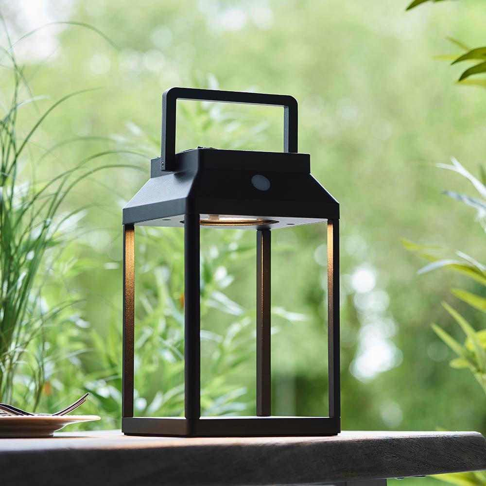 Solar Powered Outdoor Table Lamp - 1 Light Black Endon Lantern for Patio, Garden, and Backyard Decor