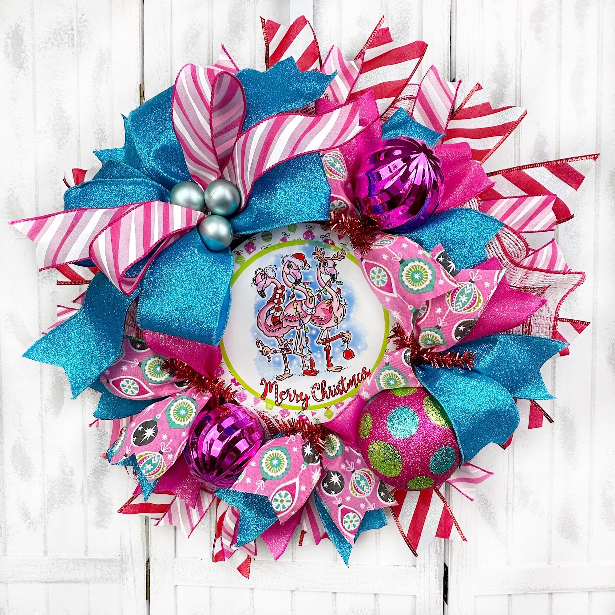 Handmade Coastal Beach Nautical Flamingo Christmas Wreath with Ball Ornaments & Bow - Tropical Holiday Door Hanging Decor for Christmas, Coastal Homes, Beach Houses & Tropical Themed Parties