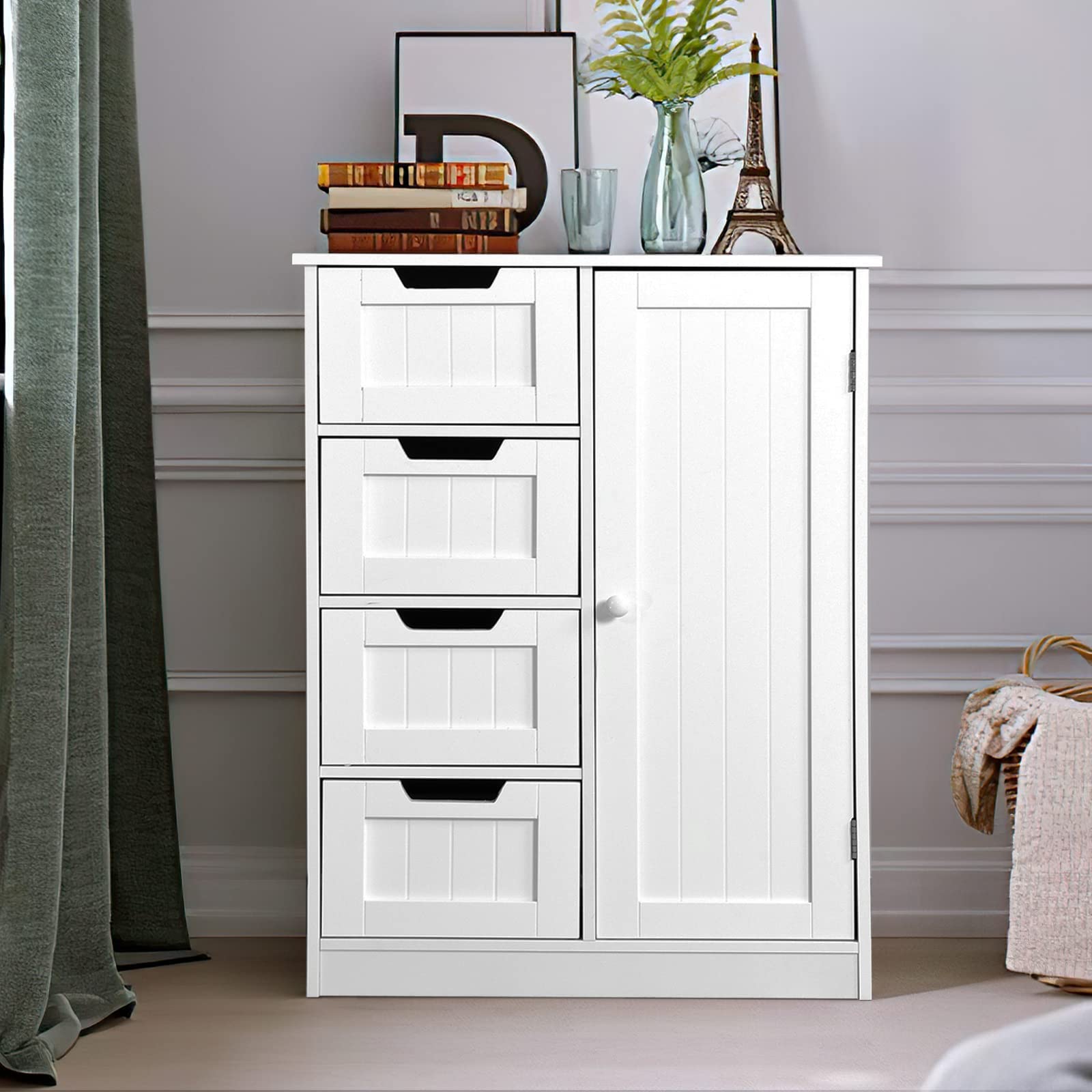 Freestanding Bathroom Cabinet with Adjustable Shelf & 4 Drawers - White Storage Cupboard for Bathroom, Kitchen, Living Room | Space-Saving Organizer for Towels, Toiletries & Household Items