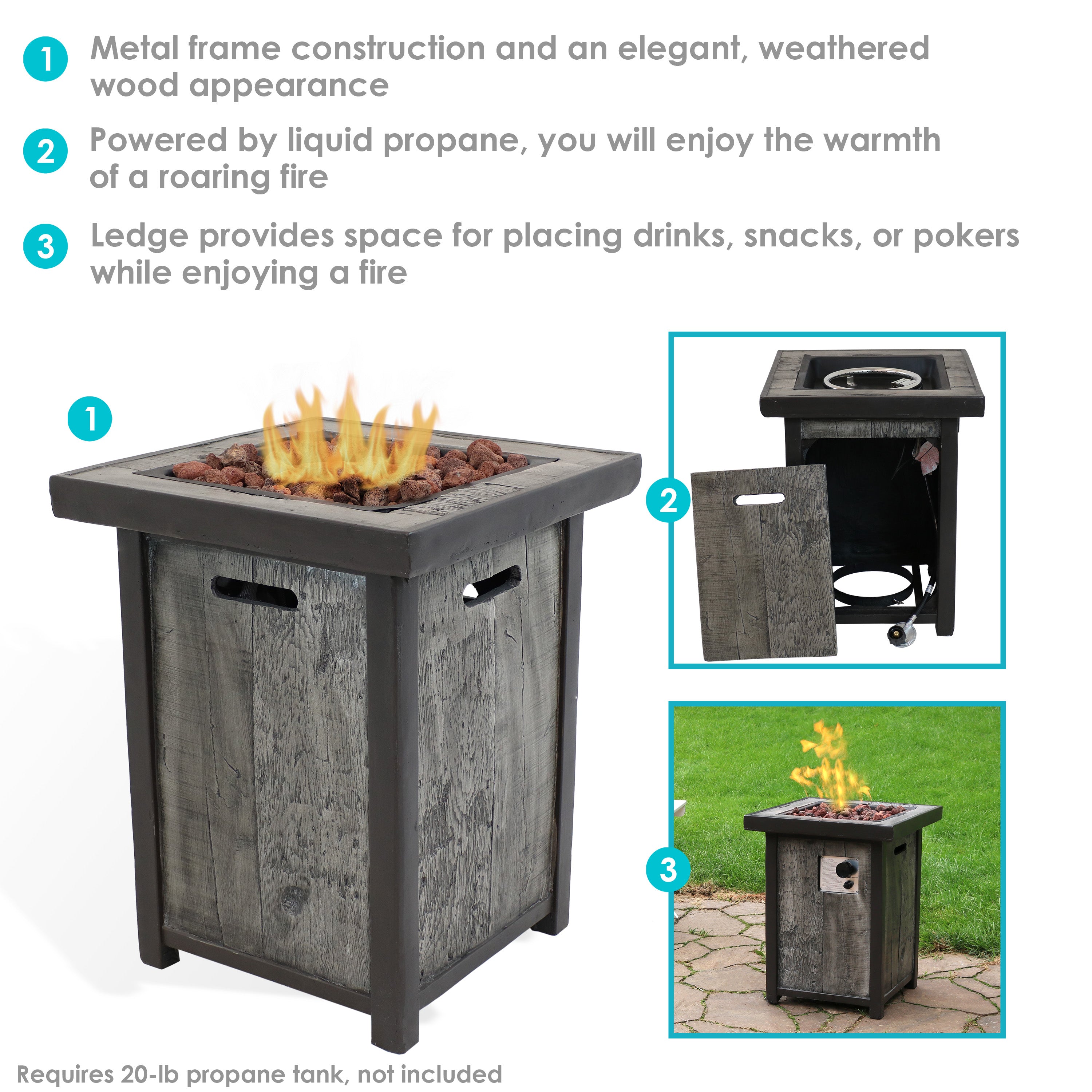 Sunnydaze Outdoor Propane Gas Fire Pit Table with Weathered Wood Look - 25 Inch Square Patio Heater for Backyard, Deck, Garden - Perfect for Outdoor Gatherings & Relaxation