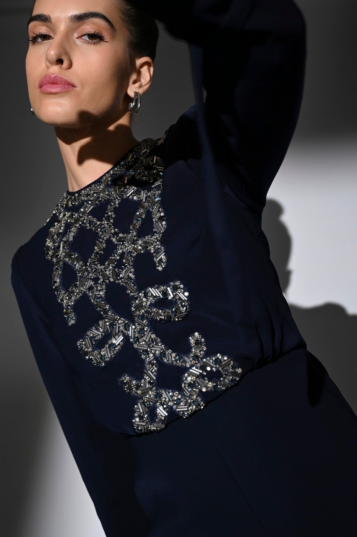 Elegant Indigo Blue Front Slit Dress with Gun Metal Embroidery - Perfect for Evening Parties, Date Nights & Special Occasions