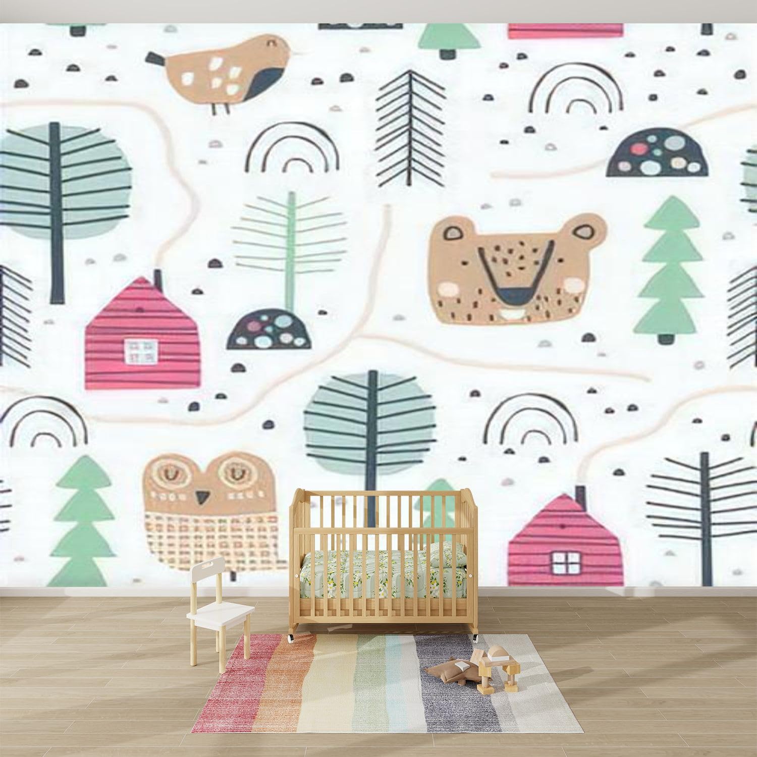 3D Modern Peel and Stick Wallpaper - Cute Animal & Tree Scandinavian Style Hand-Drawn Removable Wall Mural for Living Room, Kids Bedroom Decor | Easy DIY Home Decoration, Nursery Wall Stickers, Rental Friendly Wall Covering