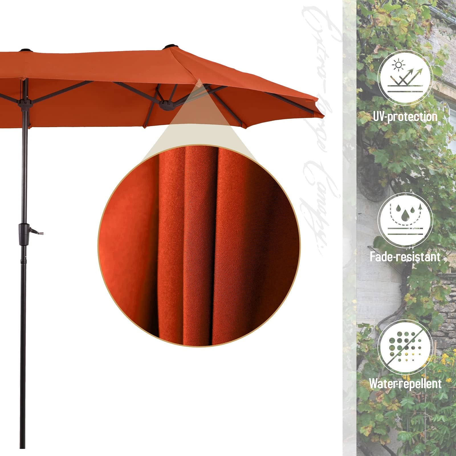 8-Piece Patio Dining Set with 13 Ft Orange Red Double-Sided Umbrella - Outdoor Rattan Chairs & Metal Table with Cushions - Perfect for Yard, Porch, Poolside & Backyard Entertaining