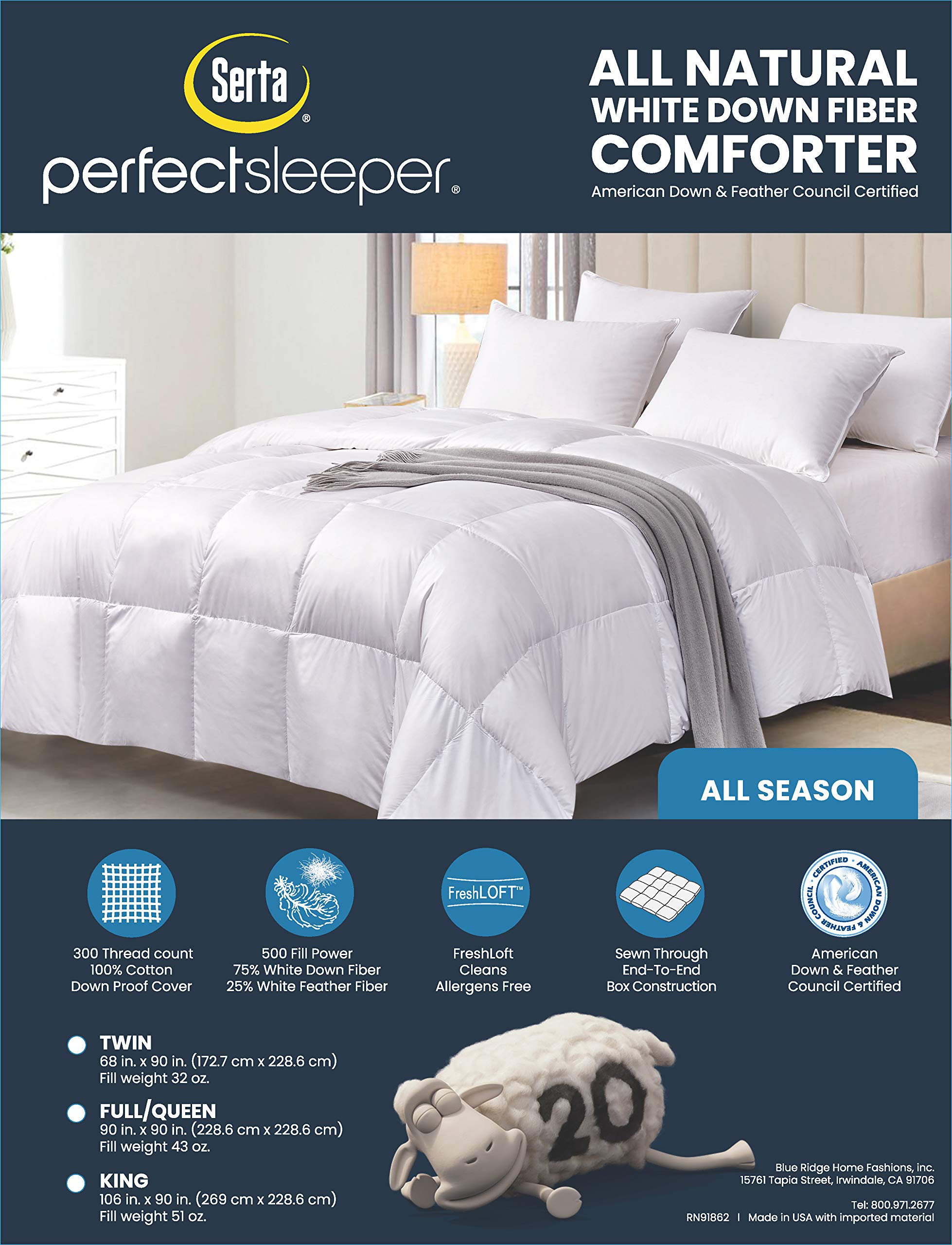 Premium Serta King Size Down Fiber Comforter - All Season Luxury Duvet Insert with 500 Fill Power, 100% Cotton 300 Thread Count Shell & Corner Tabs (106x90 Inches, White) - Ultra Soft Bedding for Master Bedroom, Guest Room & Hotel Use