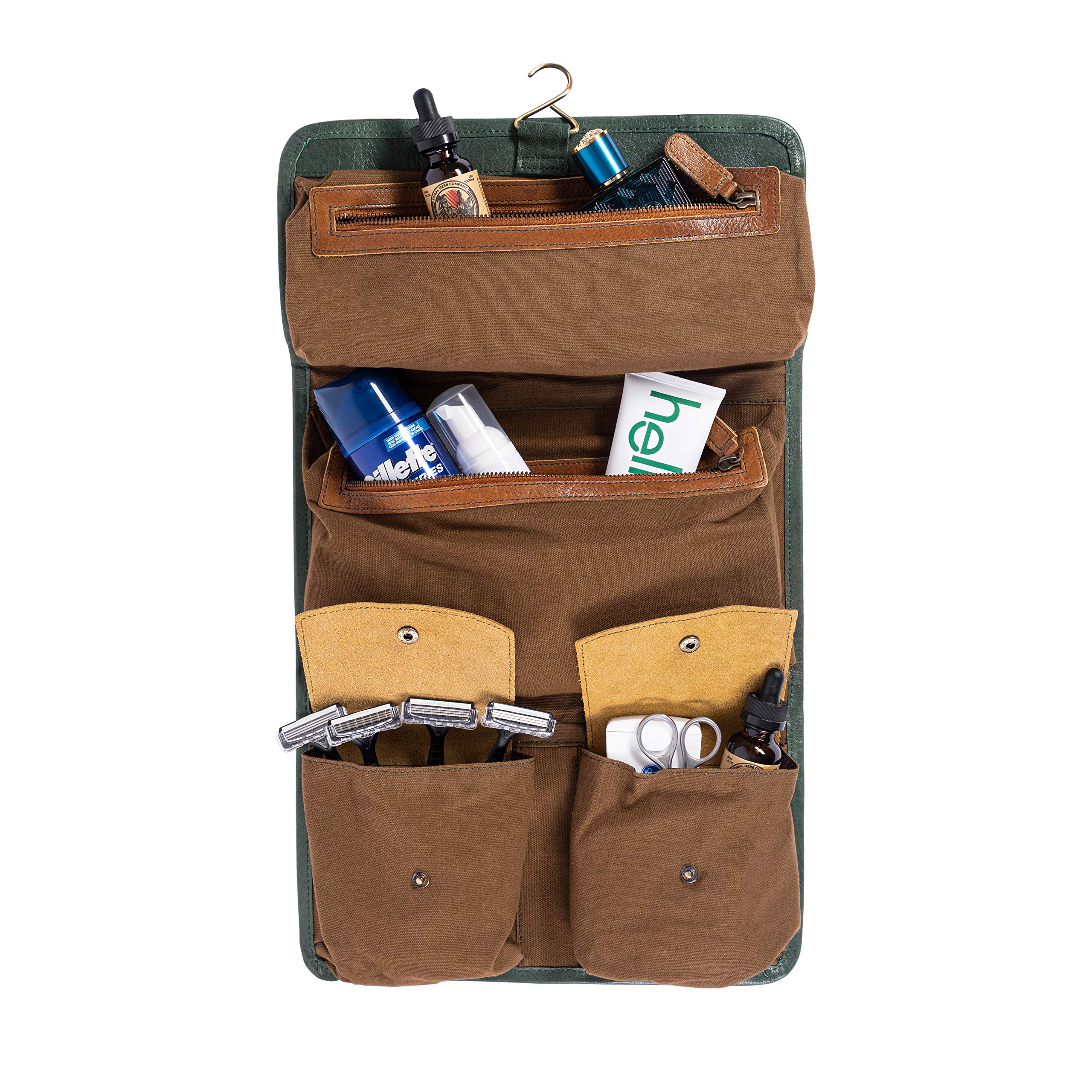 Premium Leather Hanging Toiletry Bag for Men - Green Travel Dopp Kit - Ideal for Gym, Camping & Business Trips
