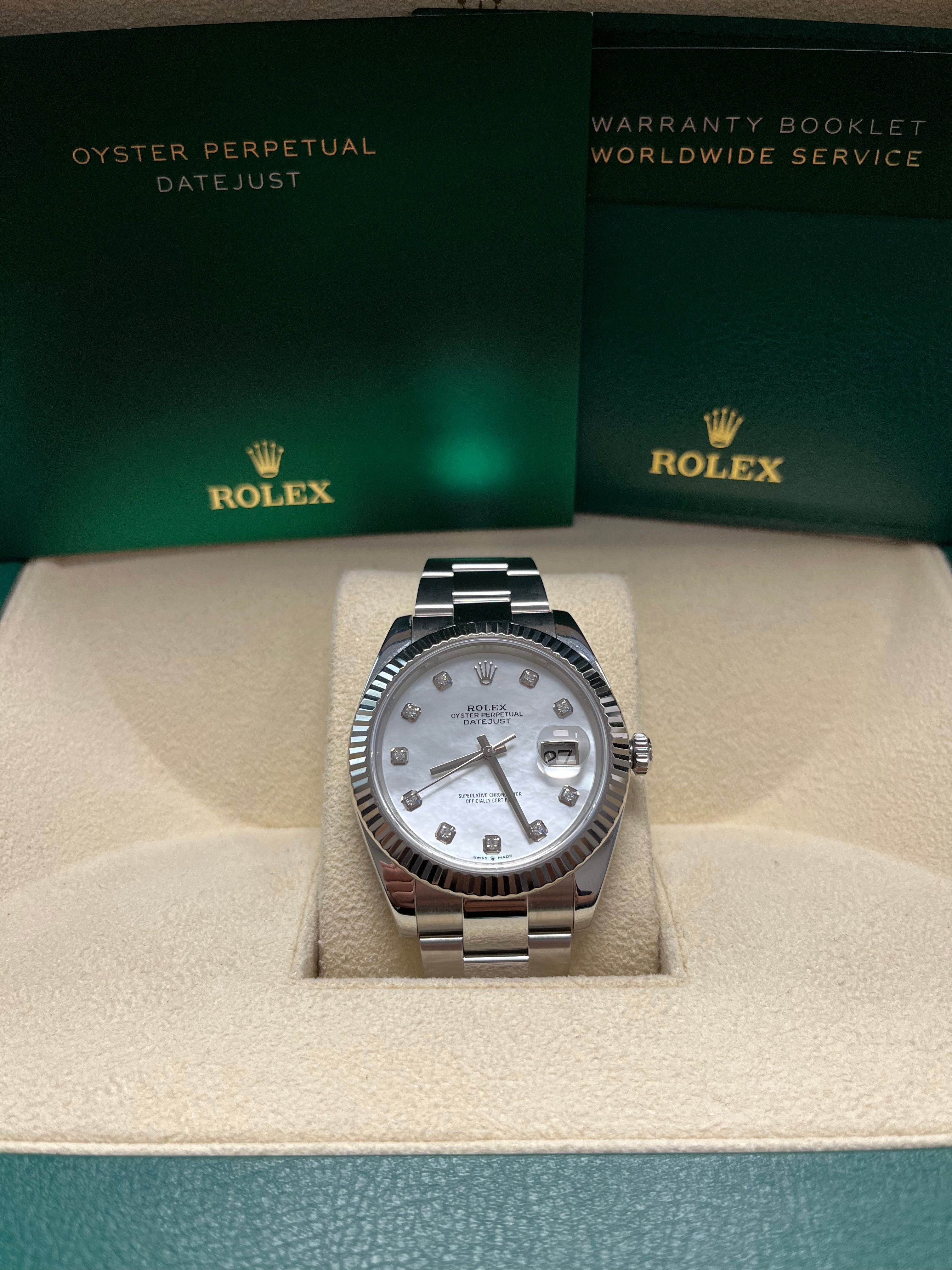 Rolex Datejust 41 Two-Tone Watch - 18k White Gold & Steel, Mother of Pearl Diamond Dial, Oyster Bracelet (Ref# 126334) | Luxury Men's Watch for Business, Formal & Special Occasions
