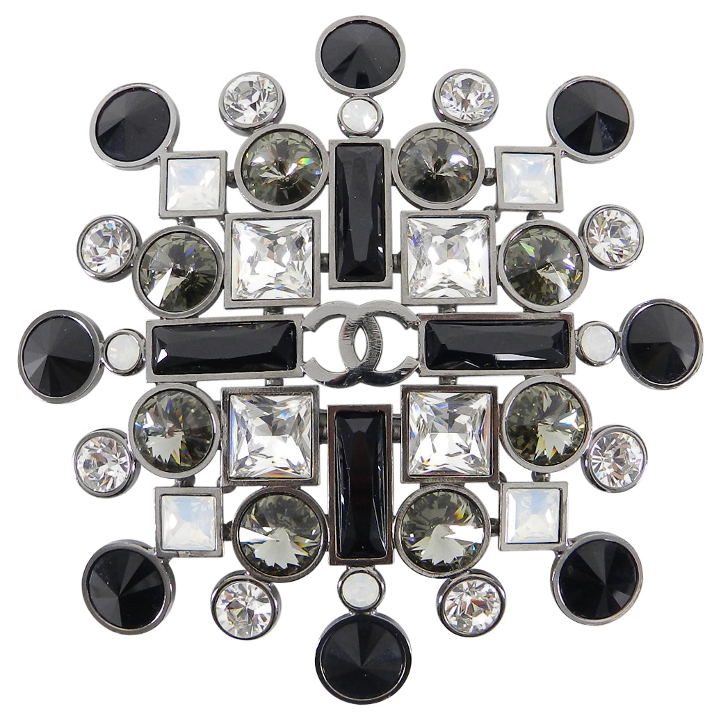 Chanel 06A Large Statement Brooch Pin - Black, Clear & Grey Crystal Design for Women | Elegant Jewelry for Evening Dresses, Blazers & Special Occasions